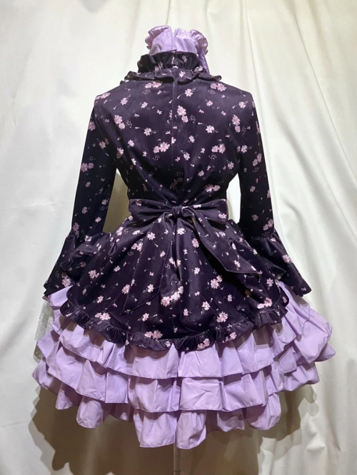 [Marble] Marble Ribonde Dress / Classic Side Tack Dress One Piece: Purple Land Pink Flower Pattern x Black Tulle x White Lace