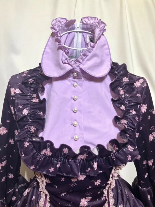 [Marble] Marble Ribonde Dress / Classic Side Tack Dress One Piece: Purple Land Pink Flower Pattern x Black Tulle x White Lace