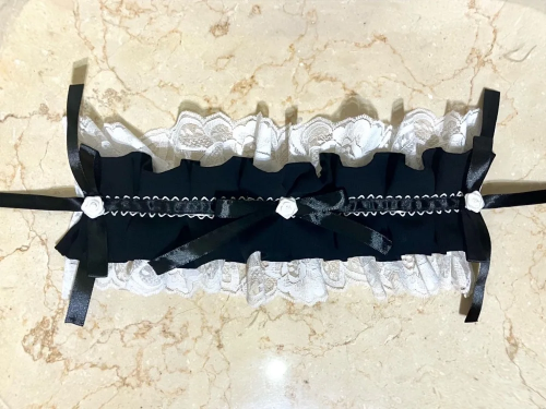 【MARBLE】マーブル　サテンバラ付きタックプリーツヘッドドレス：黒×白レース×白バラ