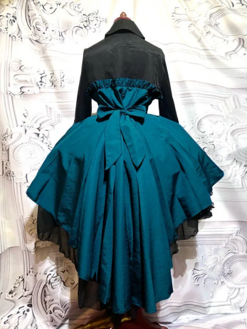 [Mármol] Vestido de blusa de elegancia gótica con drapep de mármol Thai: Black x Sea Blue