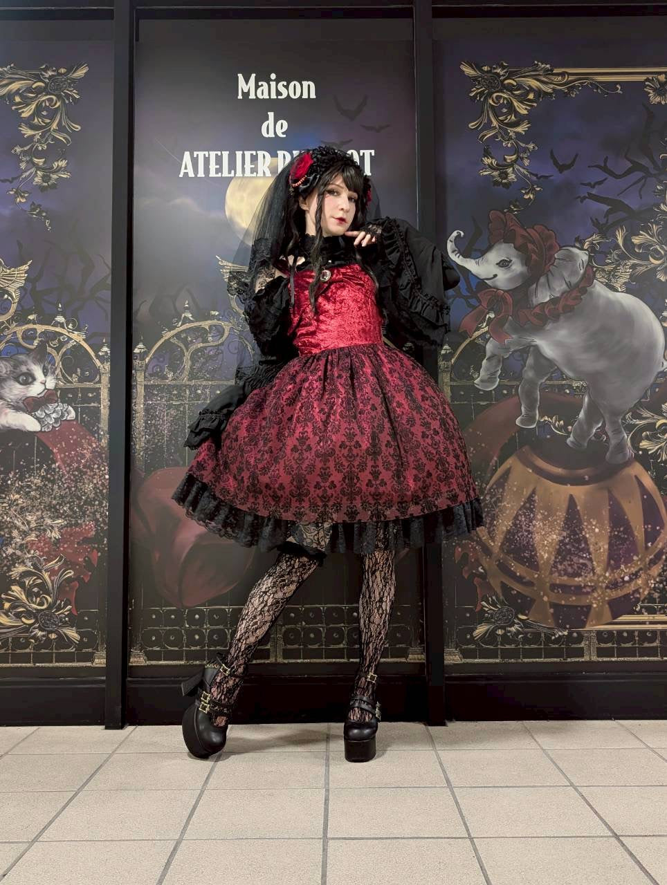 【heavenly garden 】ヘヴンリィ ガーデン　ノクターンリボンジャンパースカート ボルドー/ブラック