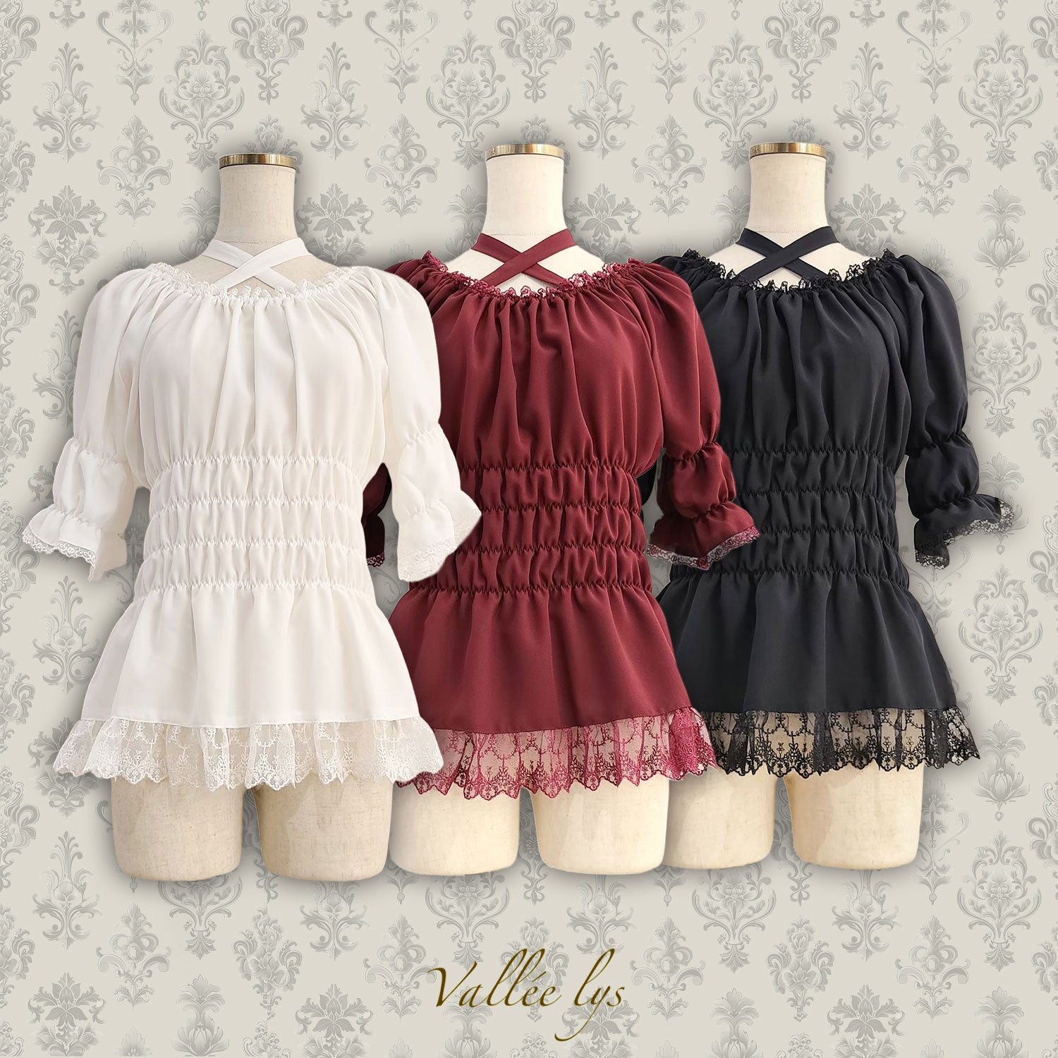 【Vallée lys】ヴァレリス　5分袖シャーリングブラウス　ホワイト/ボルドー/ブラック