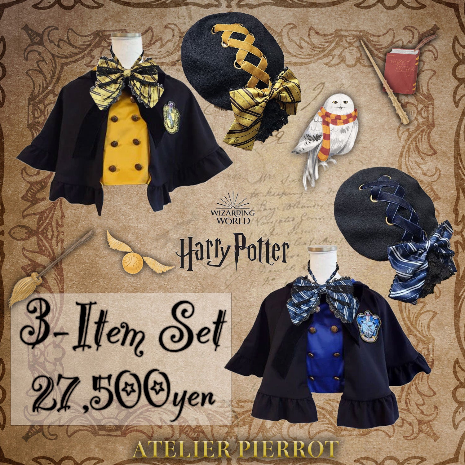 【ATELIER PIERROT】 Harry Potter -Set (Cape/Baskenbauer/Bandbindung) Hufflepuff/Ravenclaw