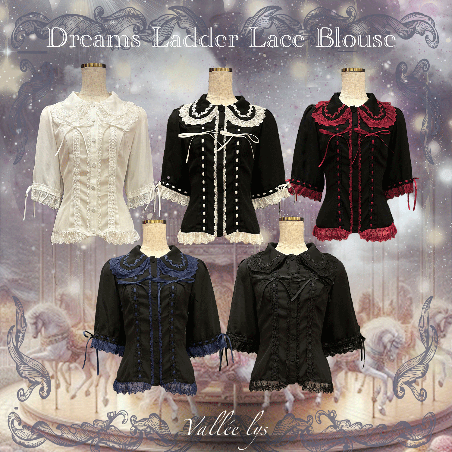 【Vallée lys】ヴァレリス　Dreams Ladder Lace Blouse　 White/ Black× White/Bordeaux/Navy/ Black