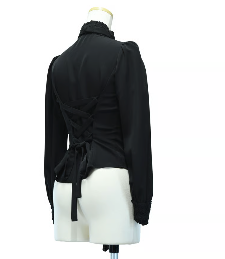 [Sheglit] Sheglit Stand Color Ribbon Jabo Blouse noir M / L