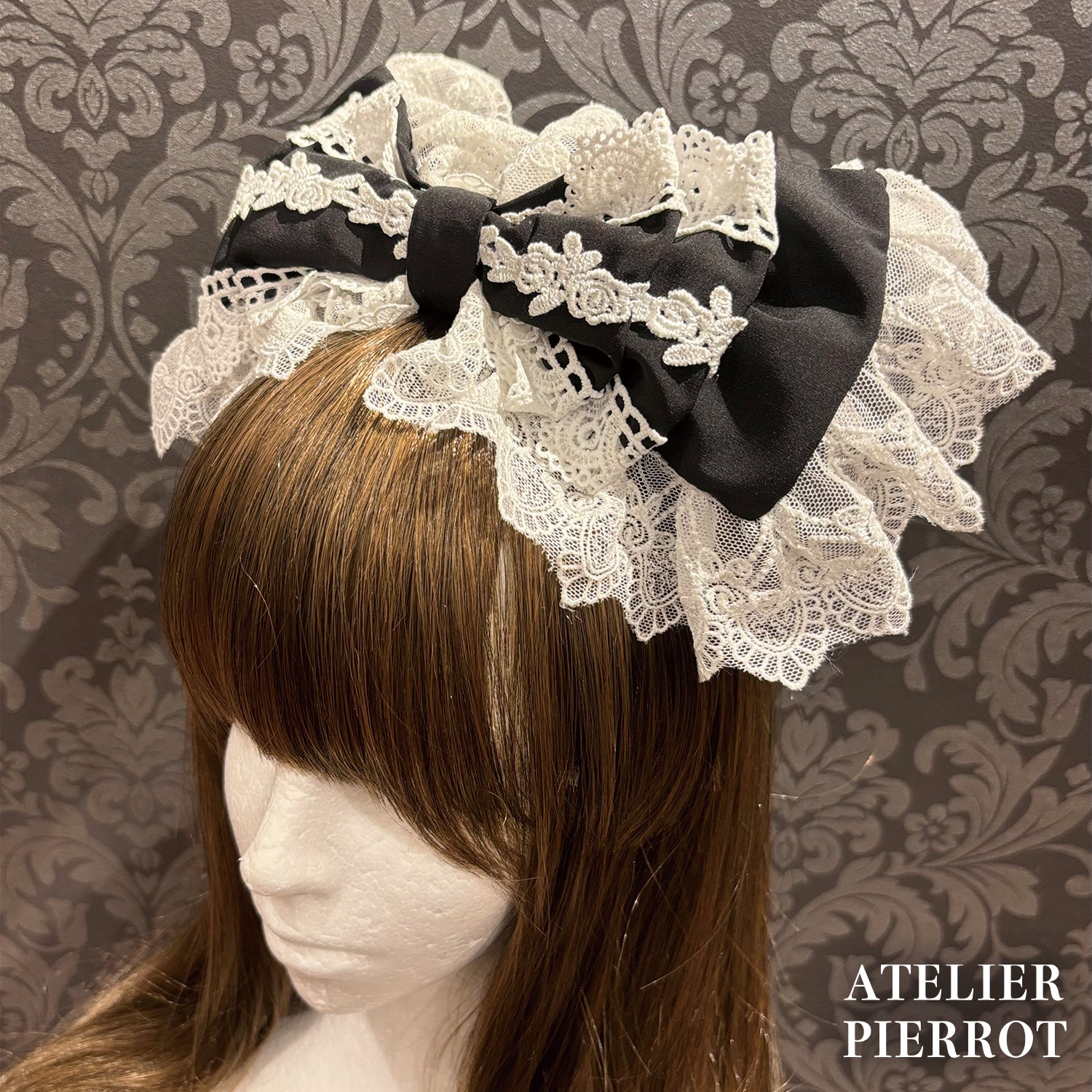 【ATELIER PIERROT】　Sweet Lace Ribbon Headband 　ホワイト/ボルドー/ブラック×ホワイト/ブラック