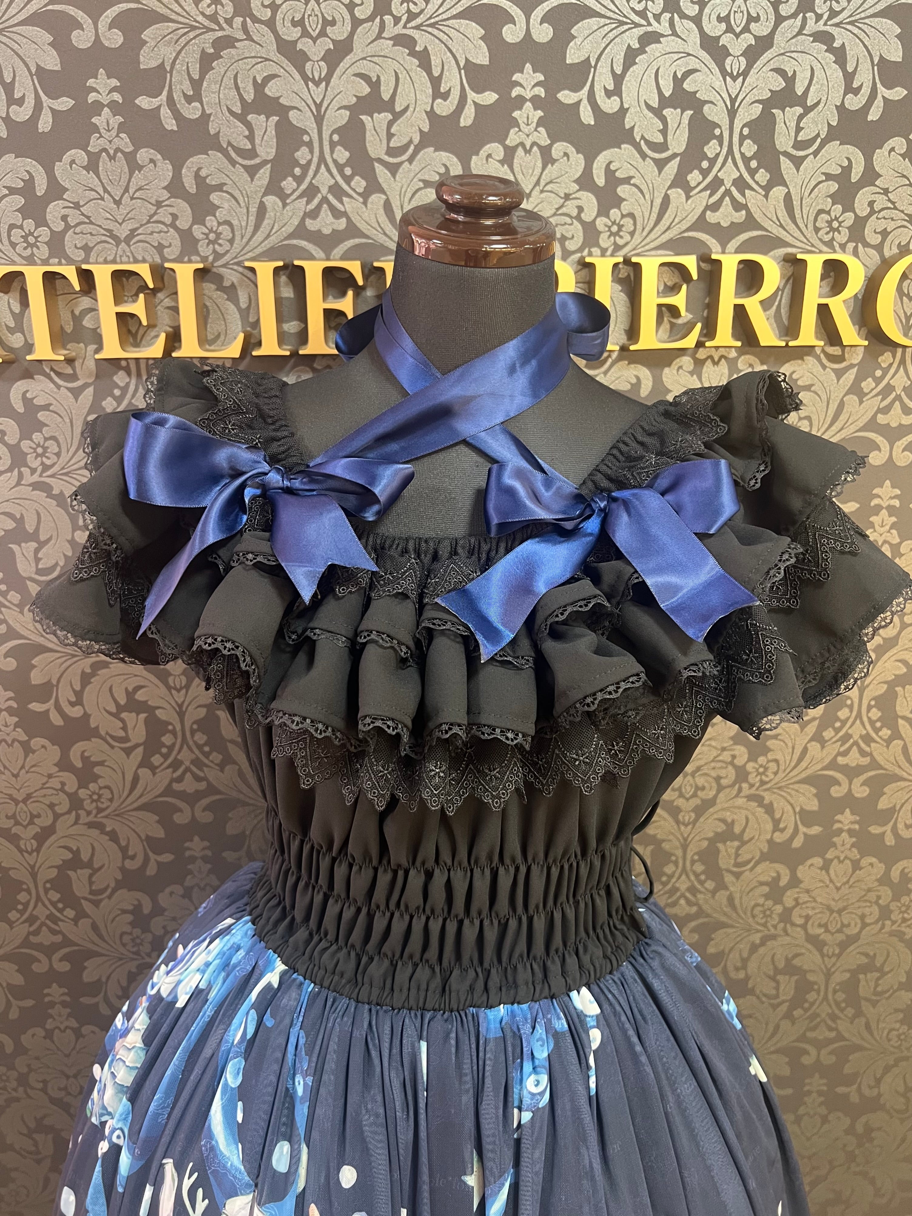 [Triple Fortune] Triple Fortune Kleid mit Oktopus-Teeparty-Muster (Marineblau)