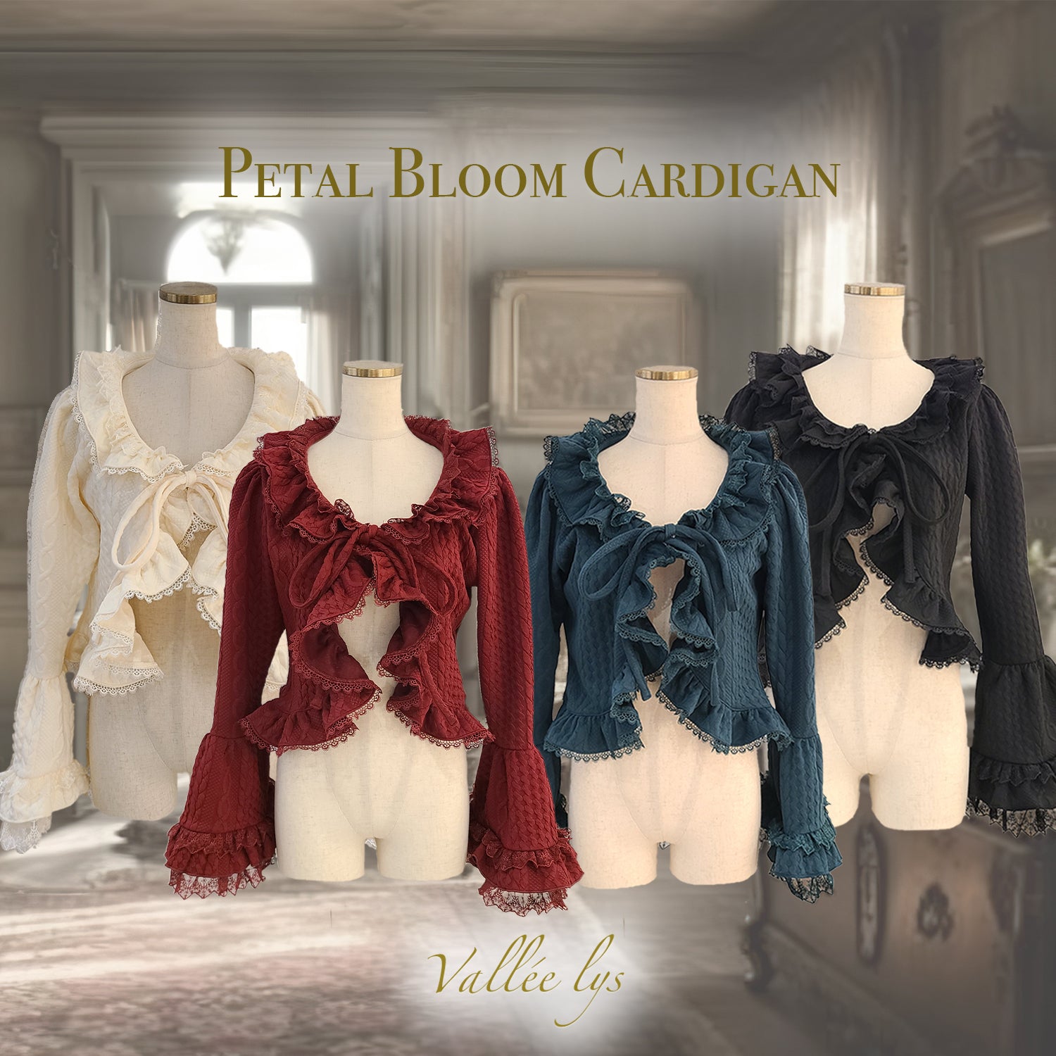 【Vallée lys】ヴァレリス　Petal Bloom Cardigan　Ivory/Bordeaux/Green/ Black