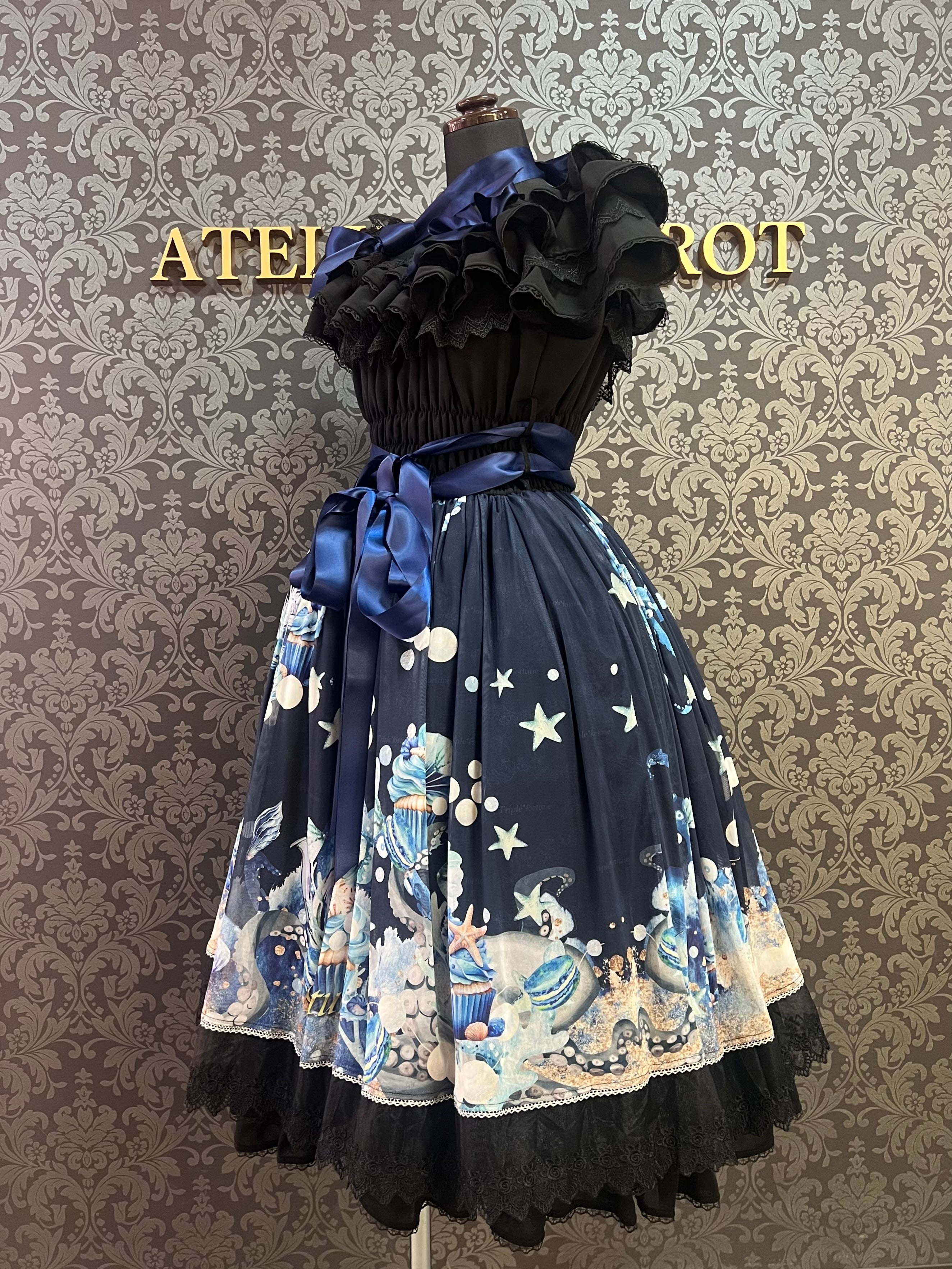 [Triple Fortune] Triple Fortune Kleid mit Oktopus-Teeparty-Muster (Marineblau)