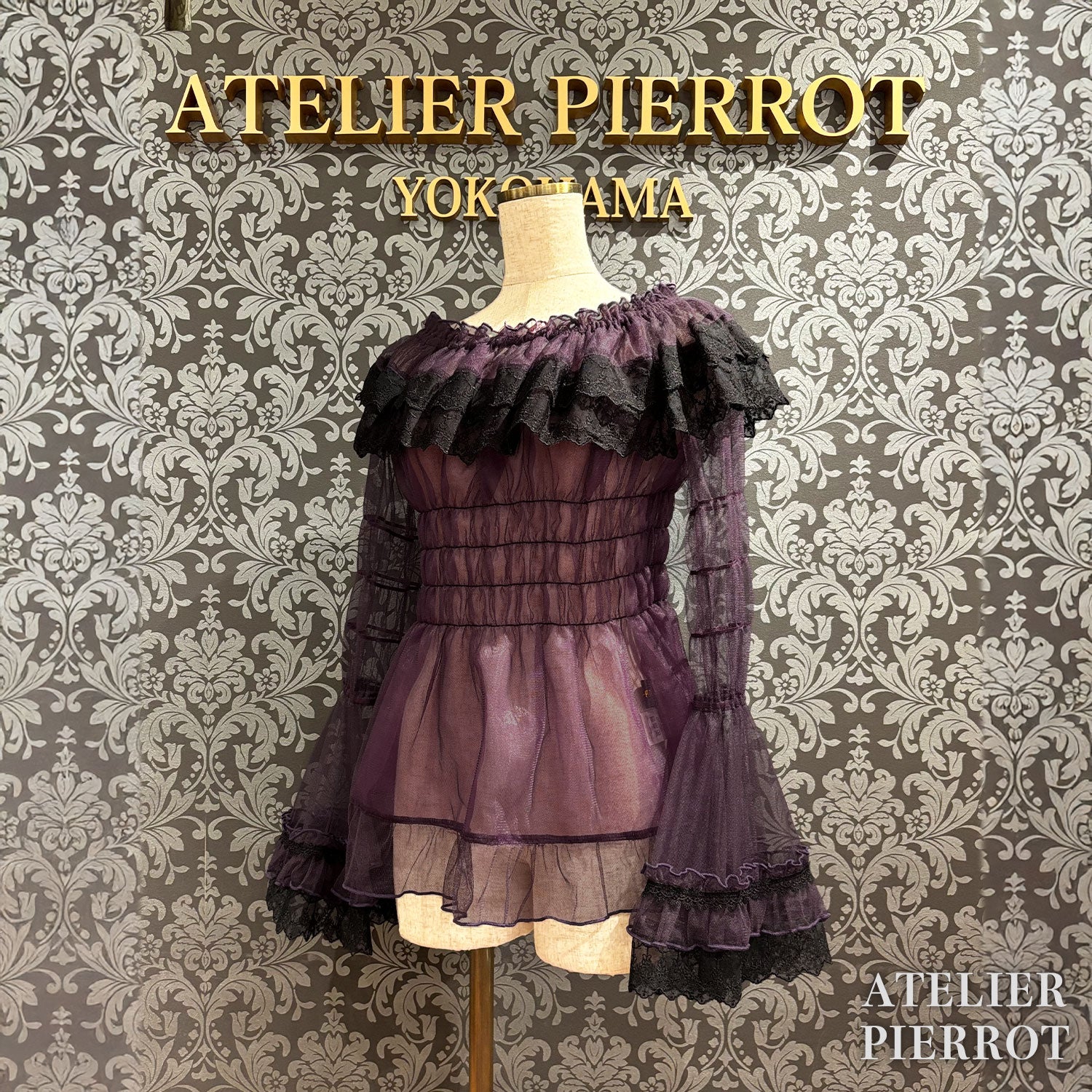 【ATELIER PIERROT】　Sheer Off-Shoulder Shirring Blouse　ホワイト/ピンク/グレー/ボルドー/パープル/ブラック