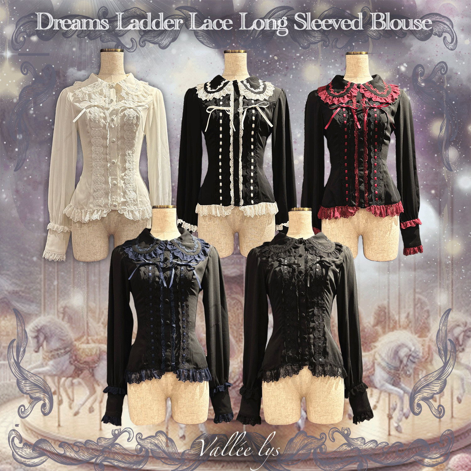 【Vallée lys】ヴァレリス　Dreams Ladder Lace Long Sleeved Blouse　ホワイト/ブラック×ホワイト/ブラック×ボルドー/ブラック×ネイビー/ブラック　★8月下旬発売★