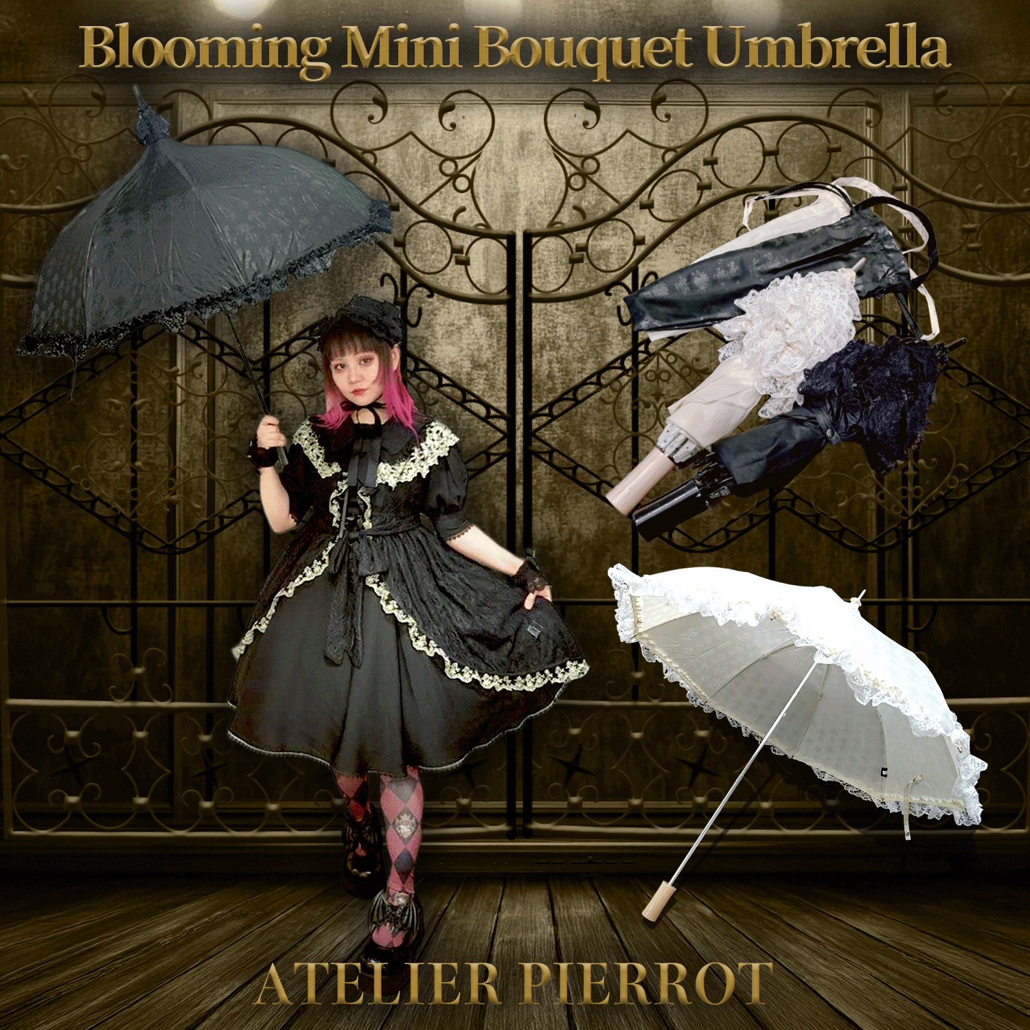 【ATELIER PIERROT】 Blühen Mini Bouquet Regenschirm Weiß/Schwarz
