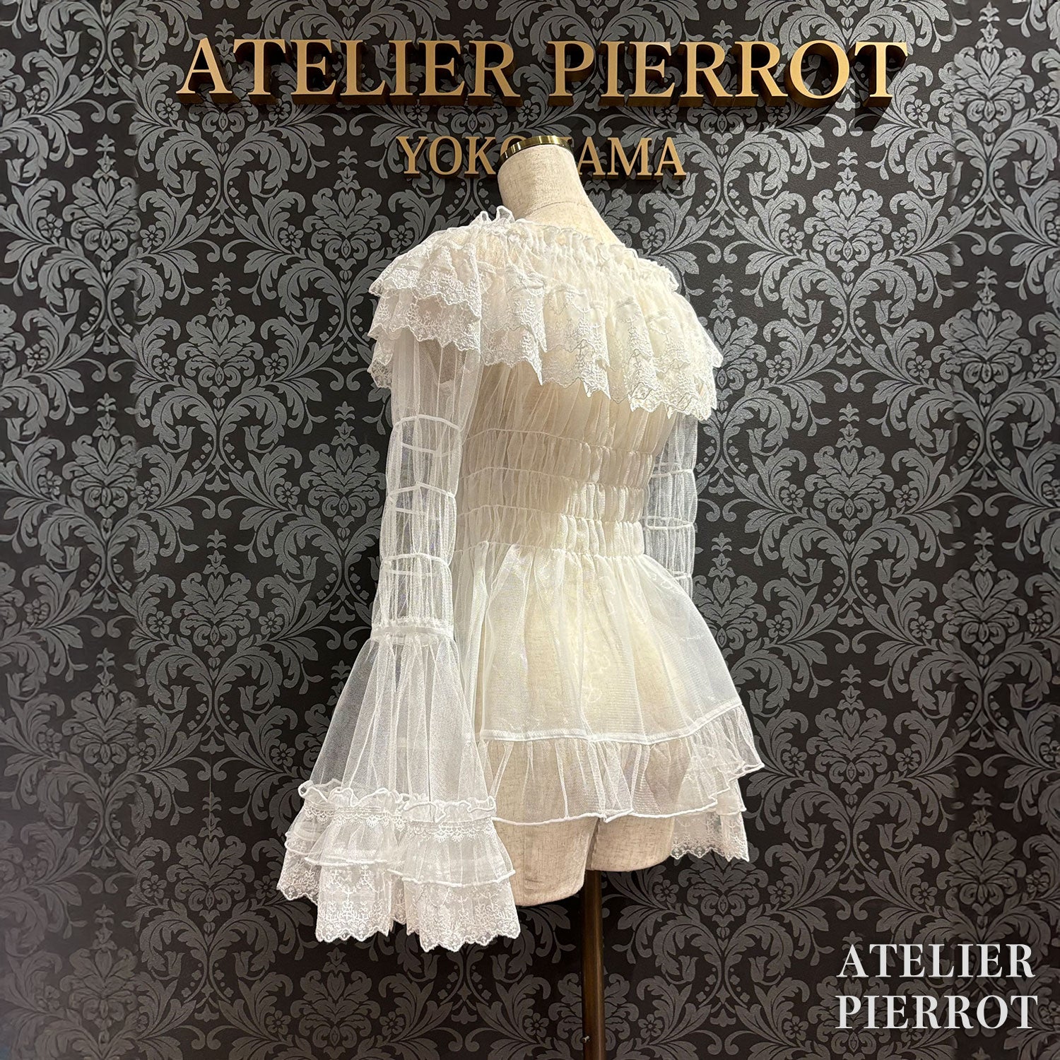【ATELIER PIERROT】　Sheer Off-Shoulder Shirring Blouse　ホワイト/ピンク/グレー/ボルドー/パープル/ブラック