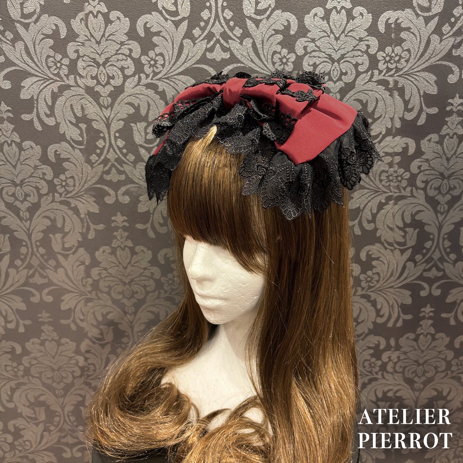 【ATELIER PIERROT】　Sweet Lace Ribbon Headband 　ホワイト/ボルドー/ブラック×ホワイト/ブラック