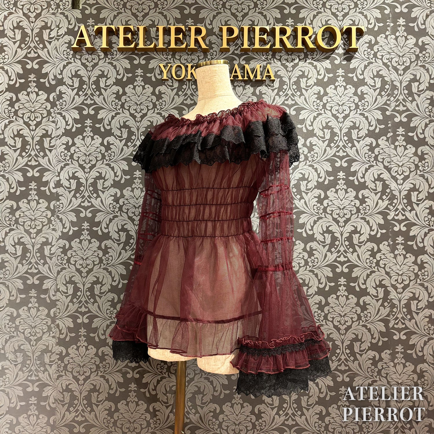 【ATELIER PIERROT】　Sheer Off-Shoulder Shirring Blouse　ホワイト/ピンク/グレー/ボルドー/パープル/ブラック
