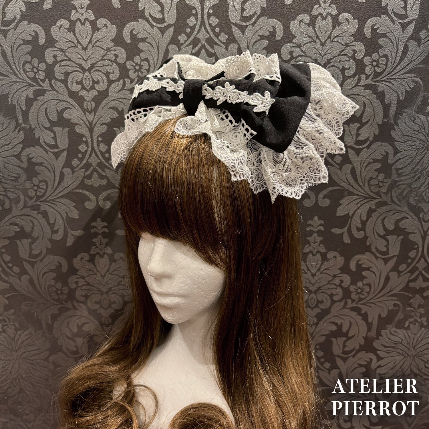 【ATELIER PIERROT】　Sweet Lace Ribbon Headband 　ホワイト/ボルドー/ブラック×ホワイト/ブラック