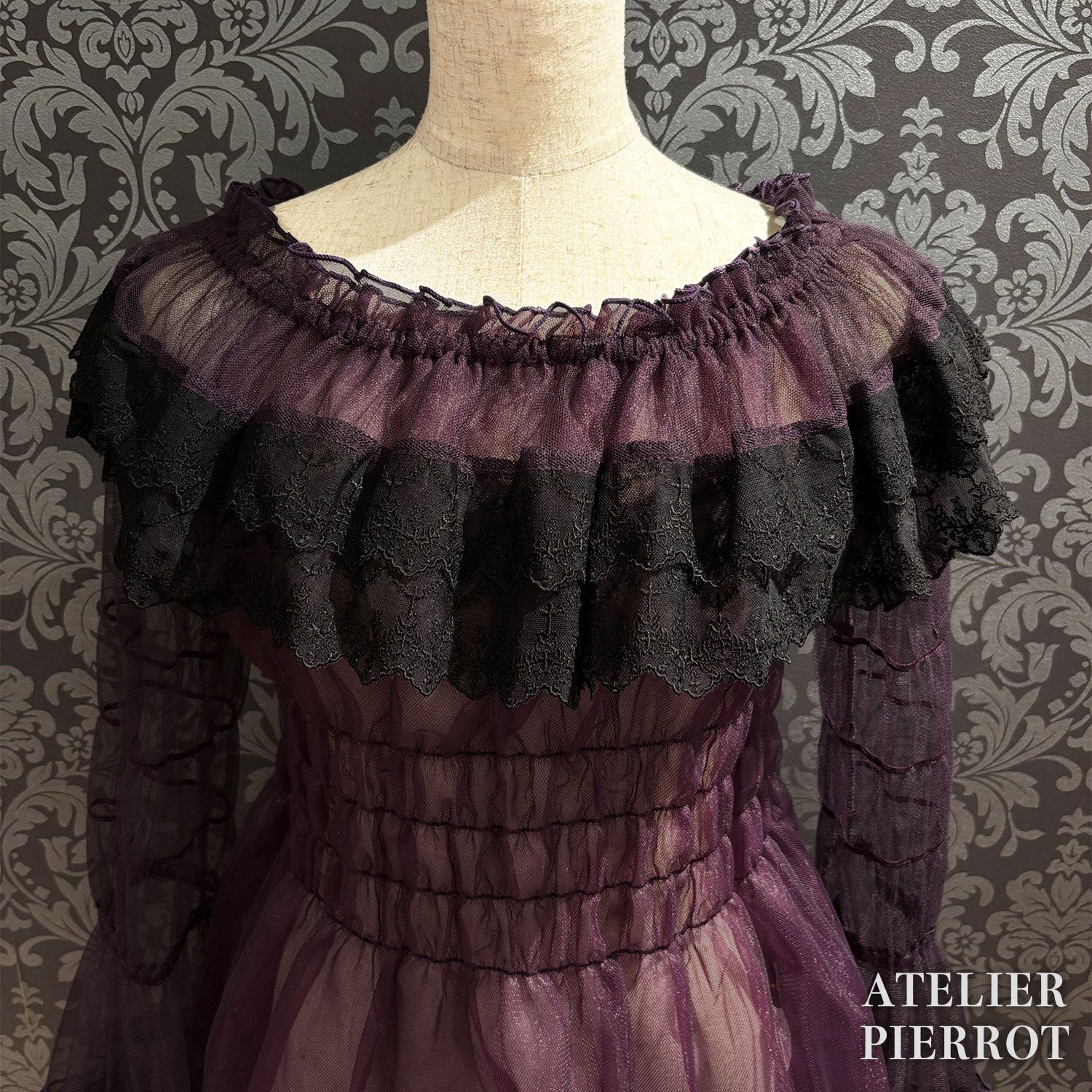 【ATELIER PIERROT】　Sheer Off-Shoulder Shirring Blouse　ホワイト/ピンク/グレー/ボルドー/パープル/ブラック
