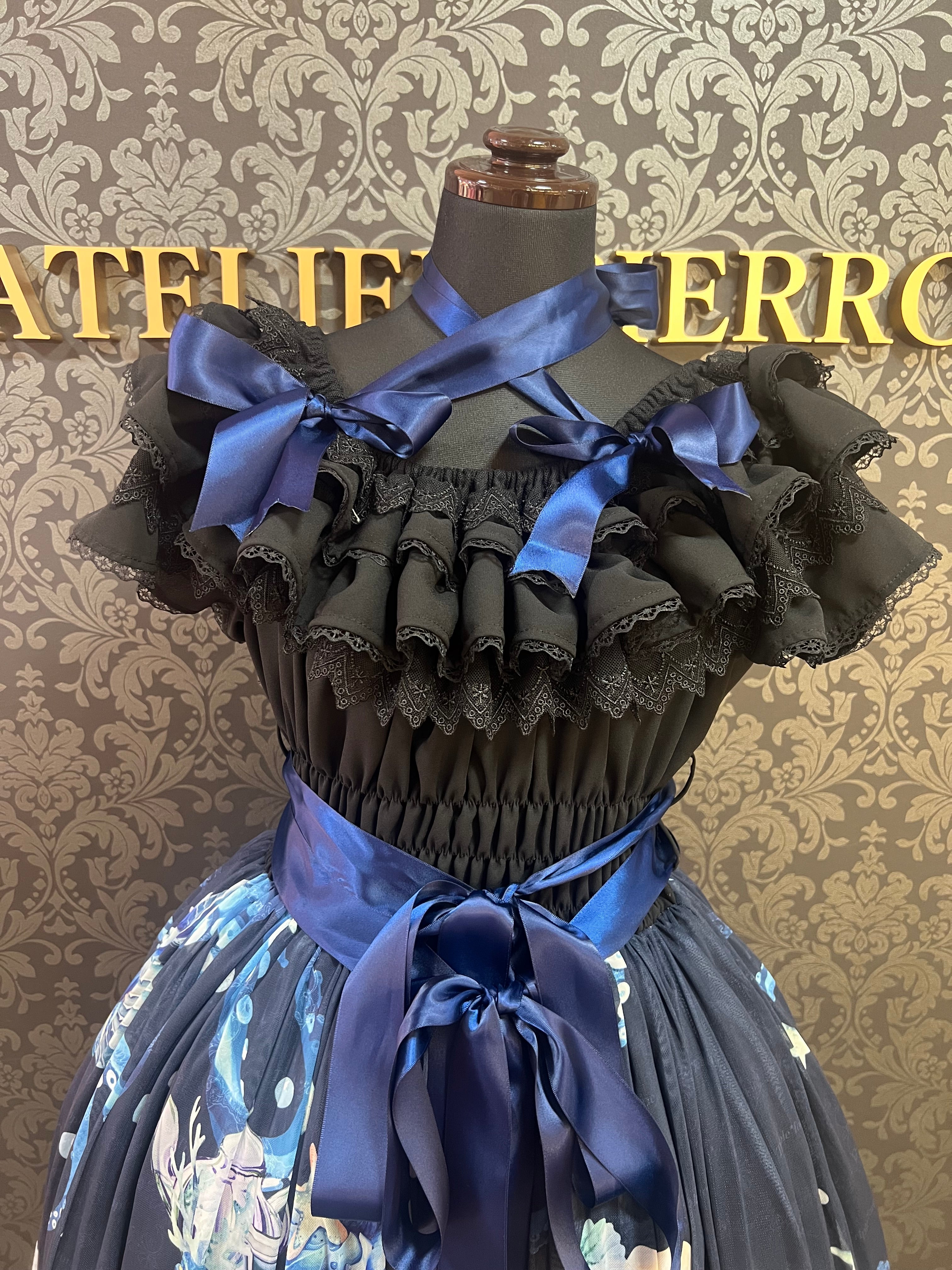 [Triple Fortune] Triple Fortune Kleid mit Oktopus-Teeparty-Muster (Marineblau)