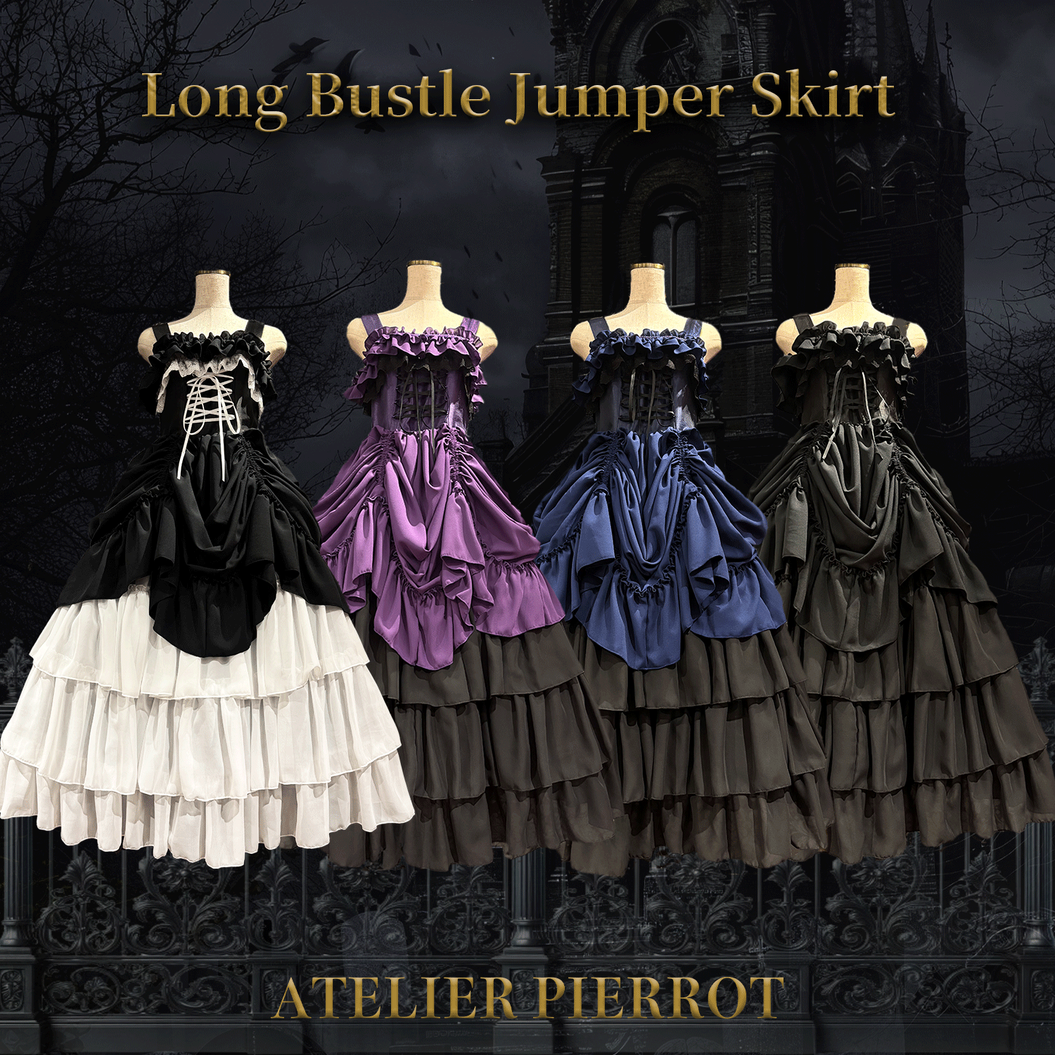 【ATELIER PIERROT】　Long Bustle Jumper Skirt　Black×White/Purple/Navy/Black