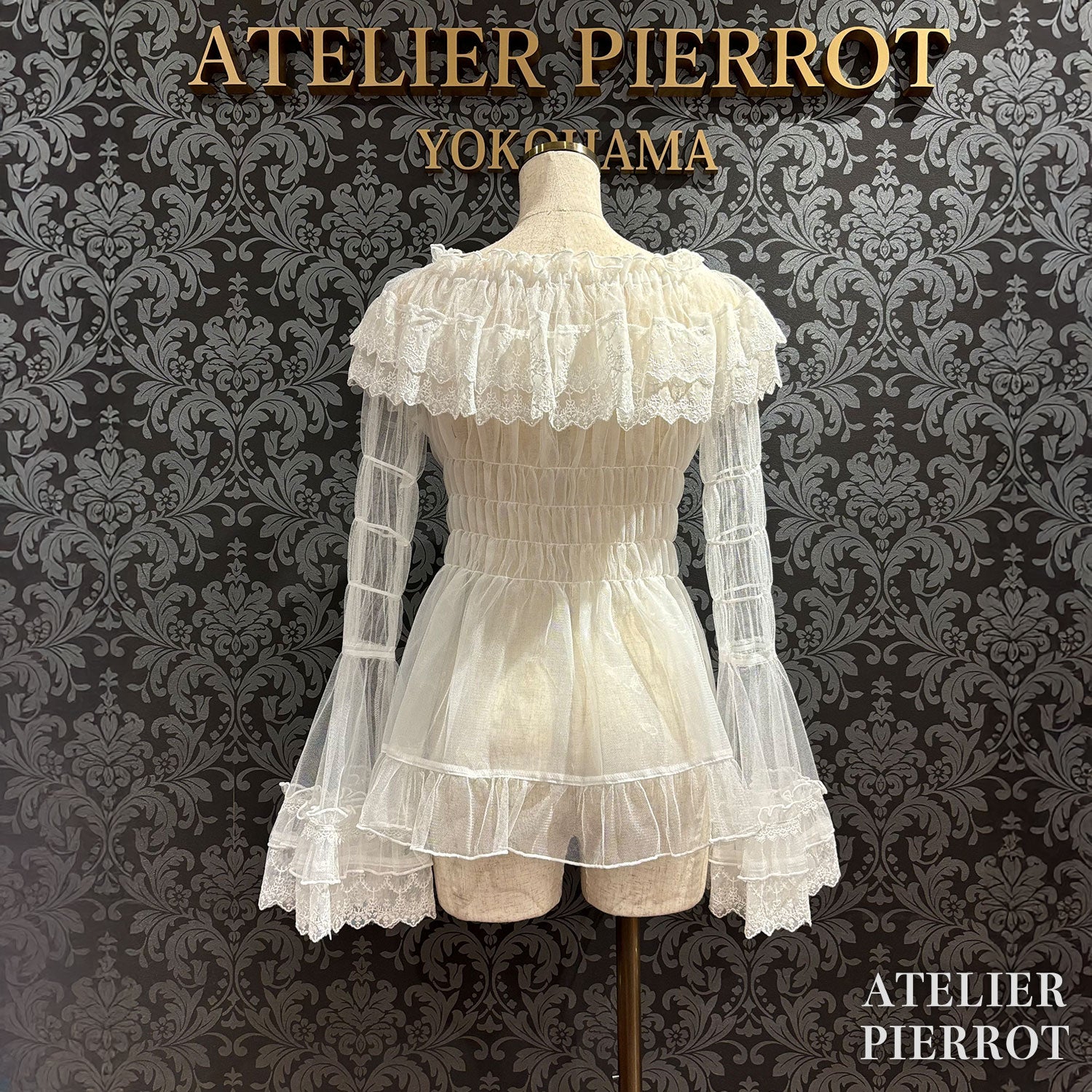 【ATELIER PIERROT】　Sheer Off-Shoulder Shirring Blouse　ホワイト/ピンク/グレー/ボルドー/パープル/ブラック