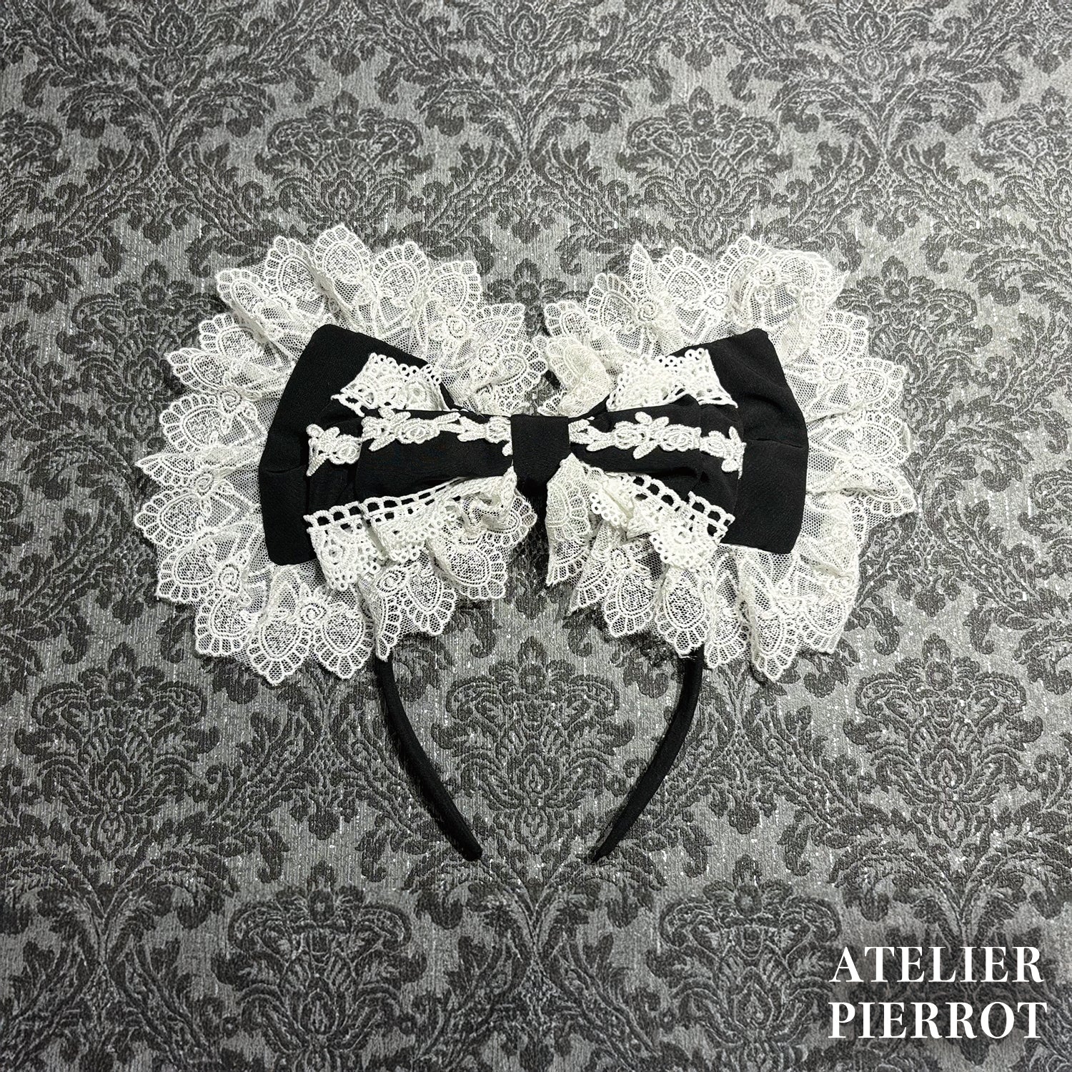 【ATELIER PIERROT】　Sweet Lace Ribbon Headband 　ホワイト/ボルドー/ブラック×ホワイト/ブラック