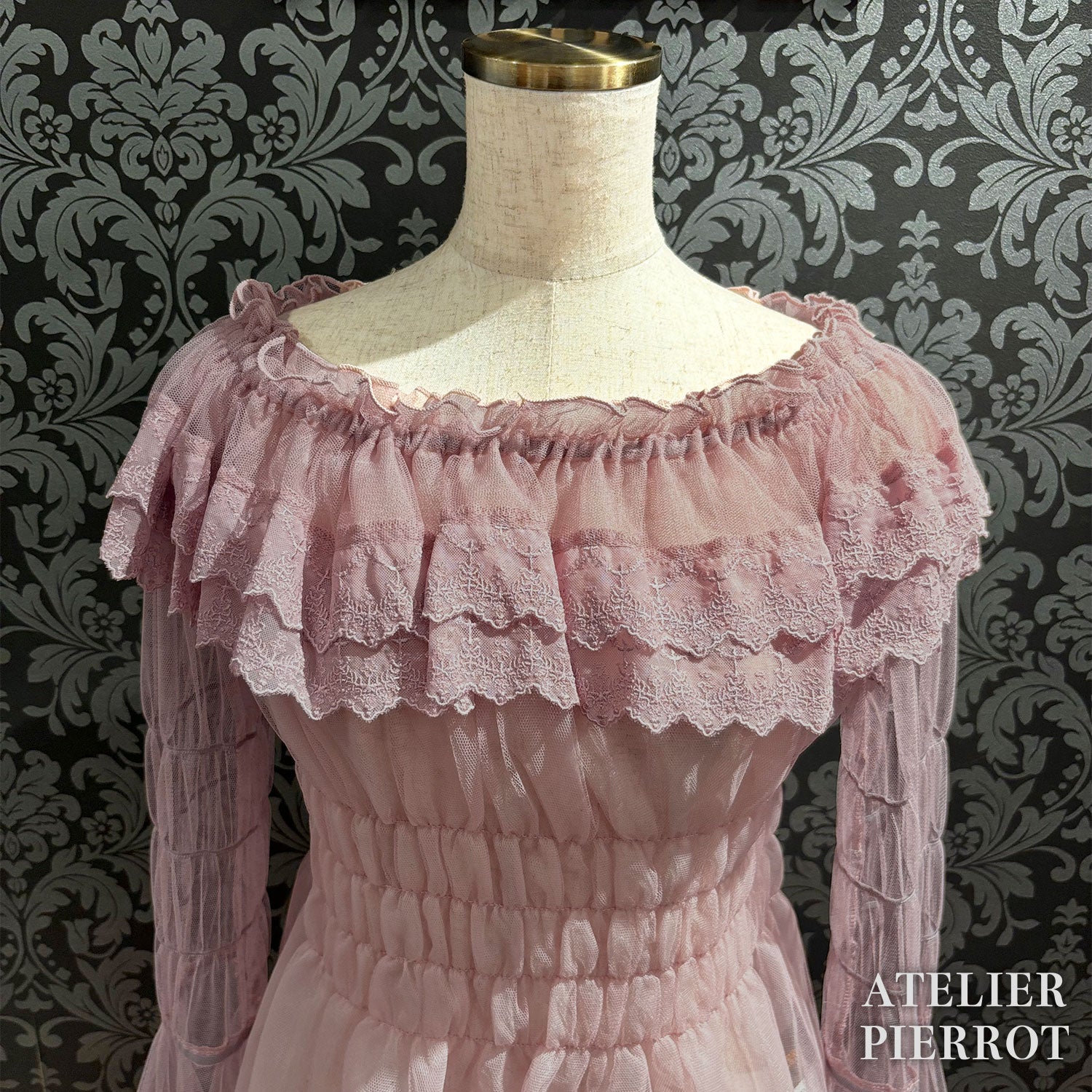 【ATELIER PIERROT】　Sheer Off-Shoulder Shirring Blouse　ホワイト/ピンク/グレー/ボルドー/パープル/ブラック