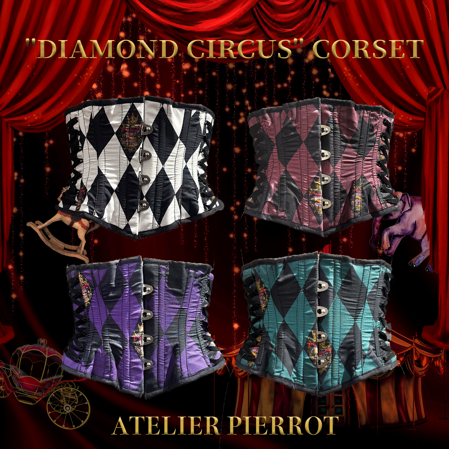 【ATELIER PIERROT】 "Diamond Circus" Corset blanc x noir / vin / violet / vert★Sorti à la mi-mars★