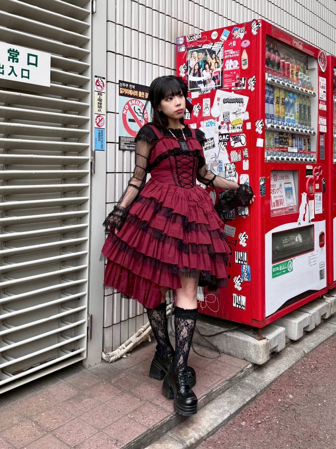【Vallée lys】ヴァレリス　Nonette Gauze Jumperskirt　ボルドー/グレー/ブラック　サイズ１　