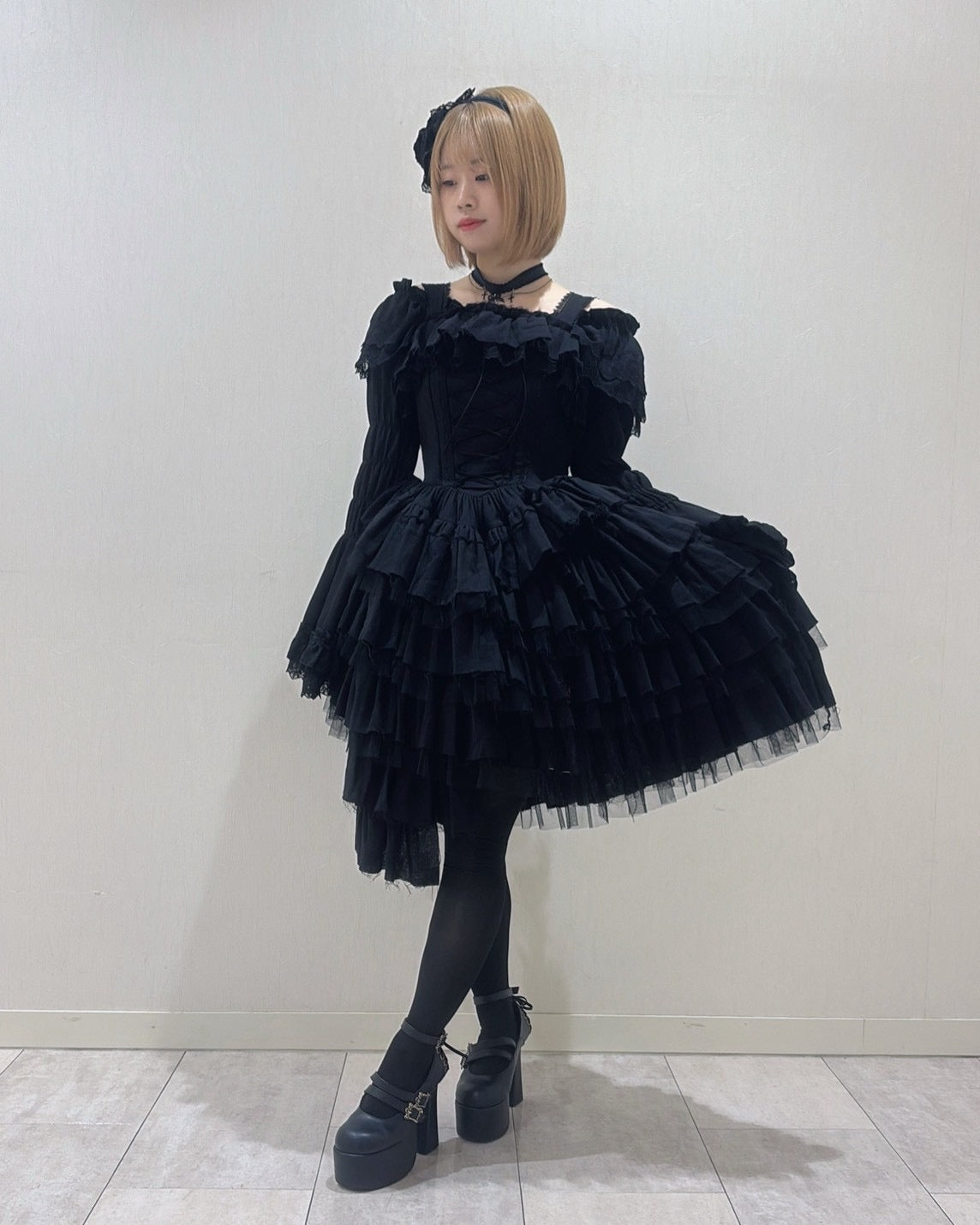【Vallée lys】ヴァレリス　Nonette Gauze Jumperskirt　ボルドー/グレー/ブラック　サイズ１　★11月下旬~12月上旬発売★