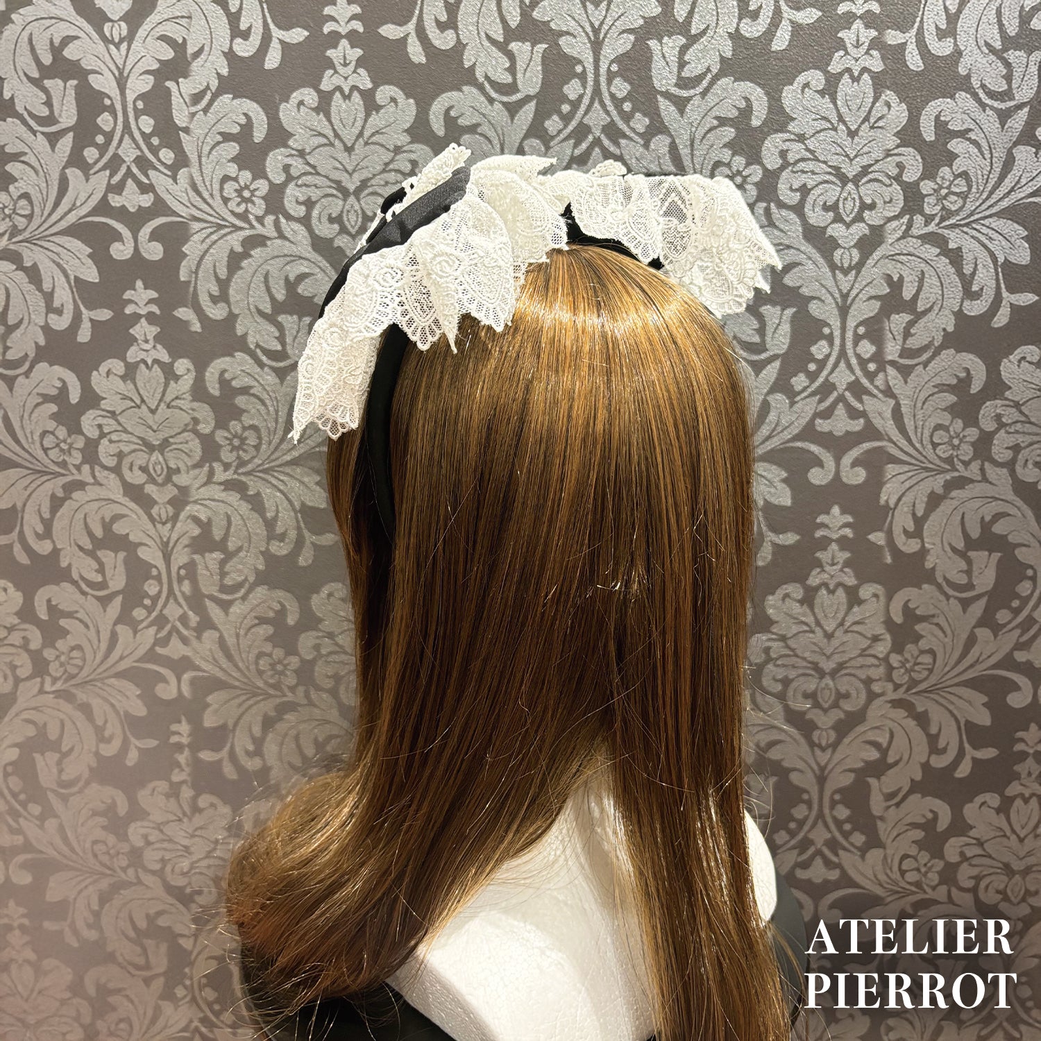 【ATELIER PIERROT】　Sweet Lace Ribbon Headband 　ホワイト/ボルドー/ブラック×ホワイト/ブラック