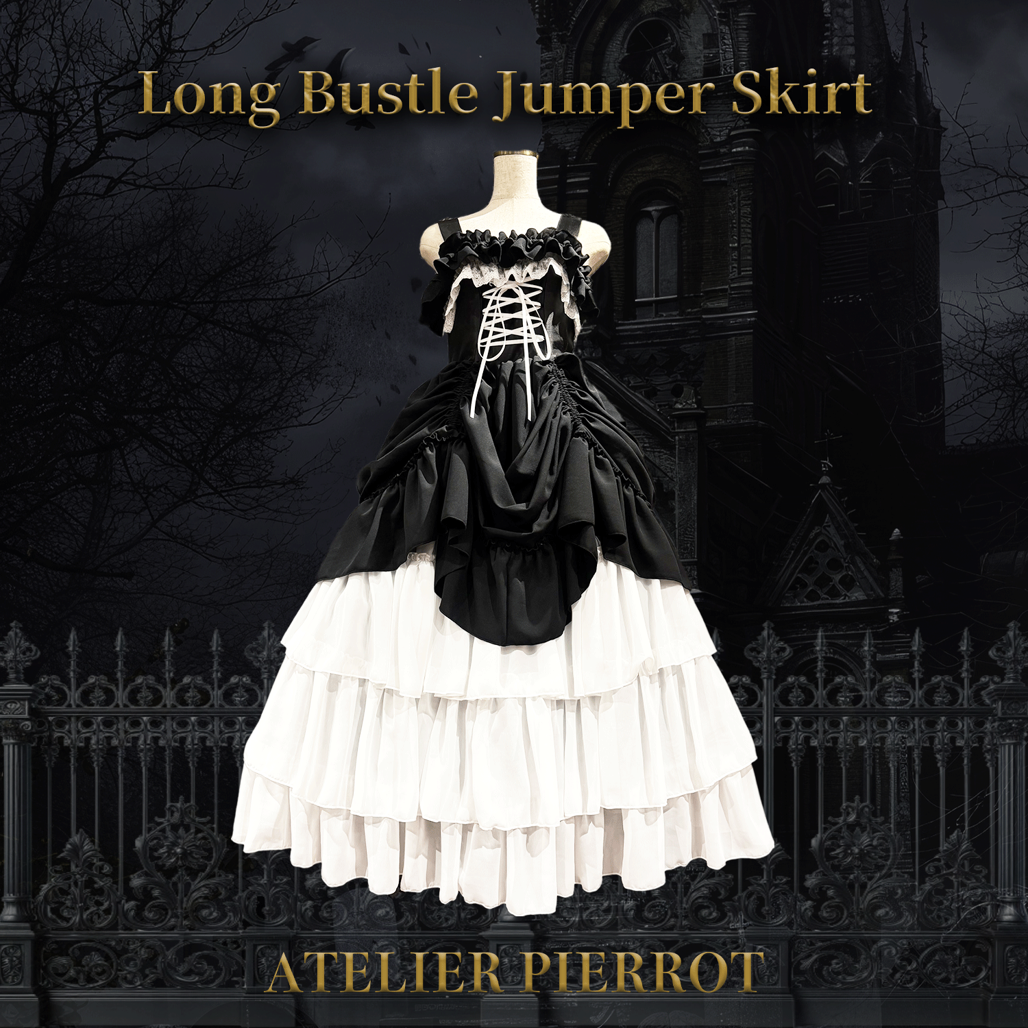 【ATELIER PIERROT】　Long Bustle Jumper Skirt　Black×White/Purple/Navy/Black