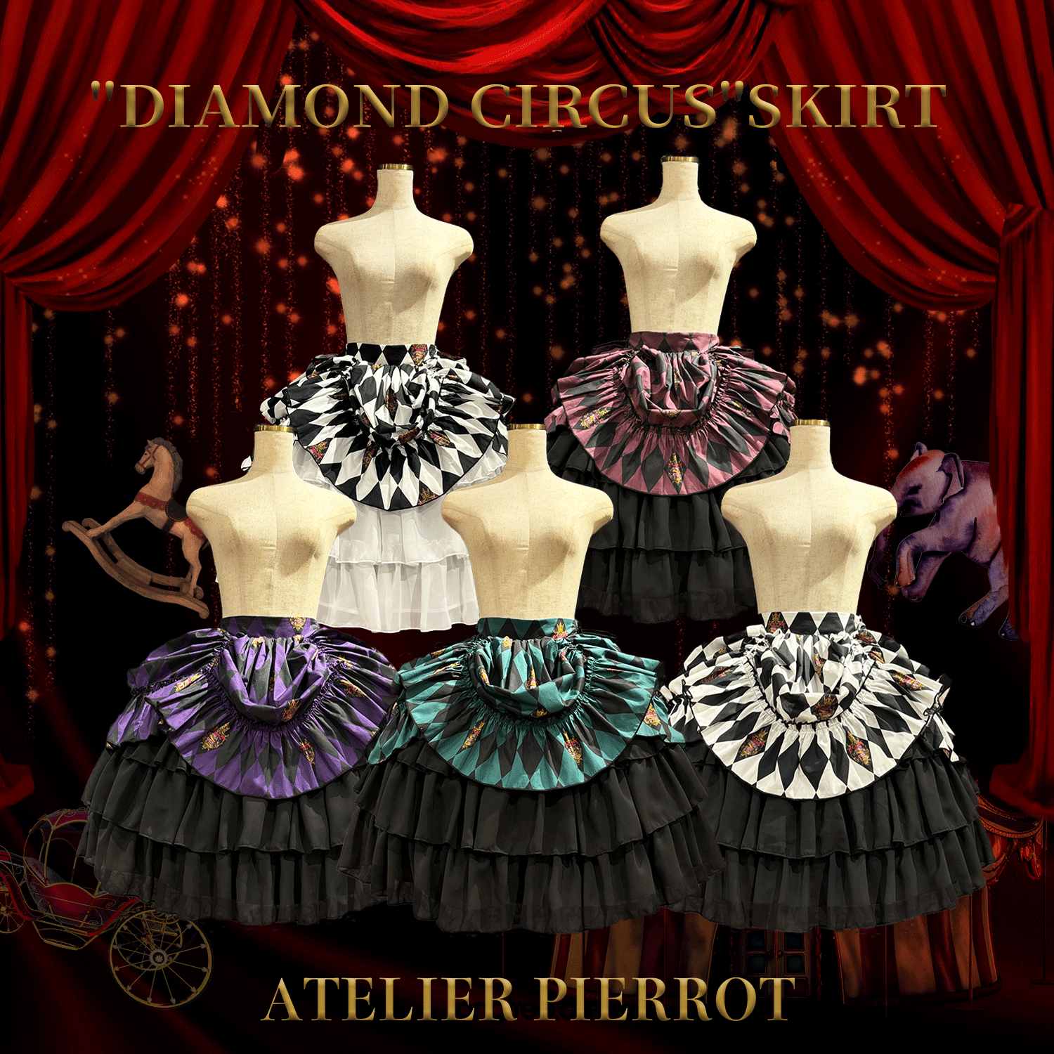 【ATELIER PIERROT】　"Diamond Circus"Skirt    白×白/ワイン/パープル/グリーン/黒×白