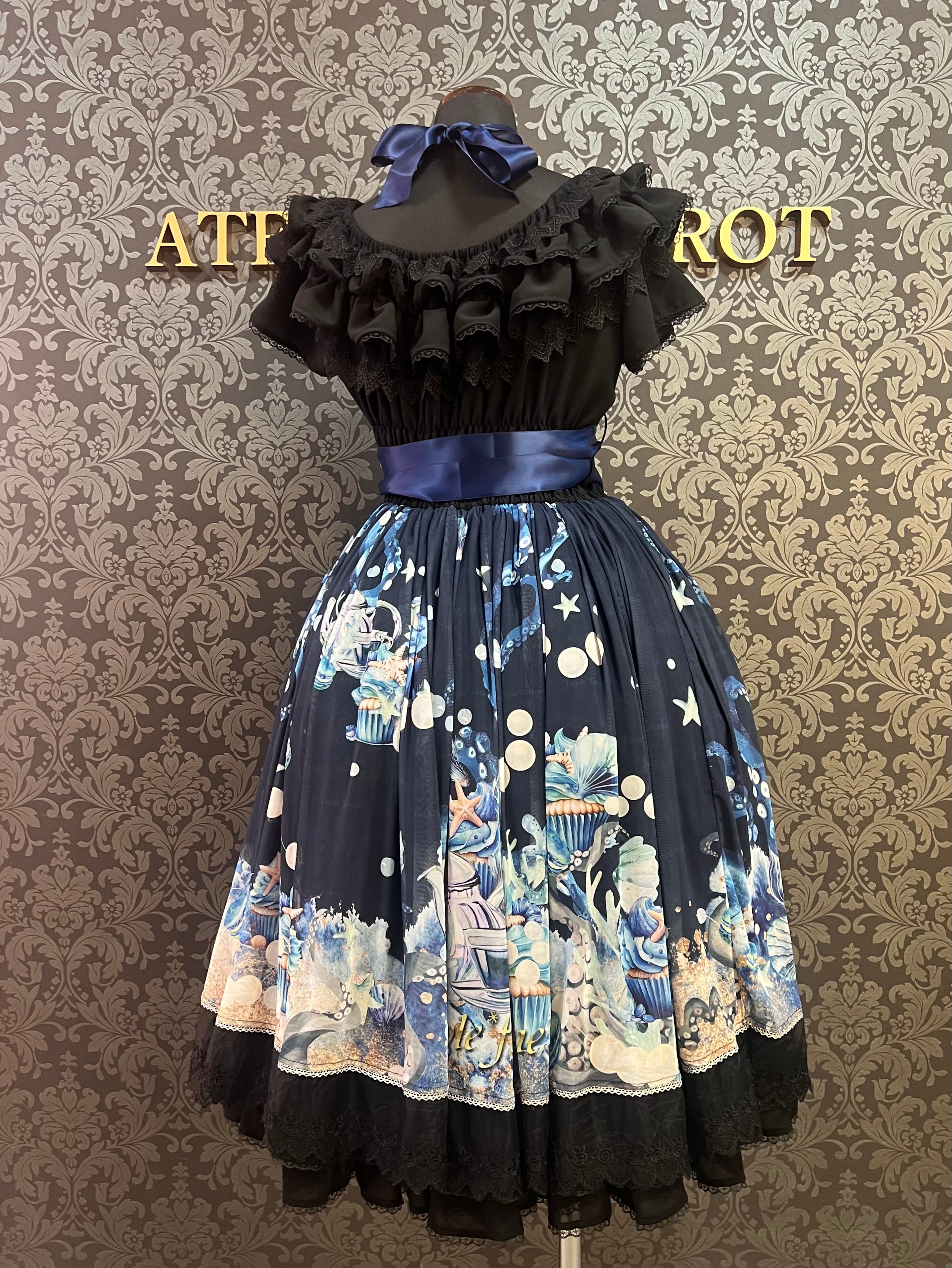 [Triple Fortune] Triple Fortune Kleid mit Oktopus-Teeparty-Muster (Marineblau)