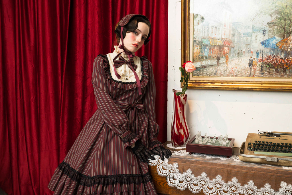 [Doncella victoriana] Muñeca clásica de doncella victoriana Longitud midi (tamaño normal/tamaño grande)Bordeaux/Navy/Black  Talla normal/talla grande