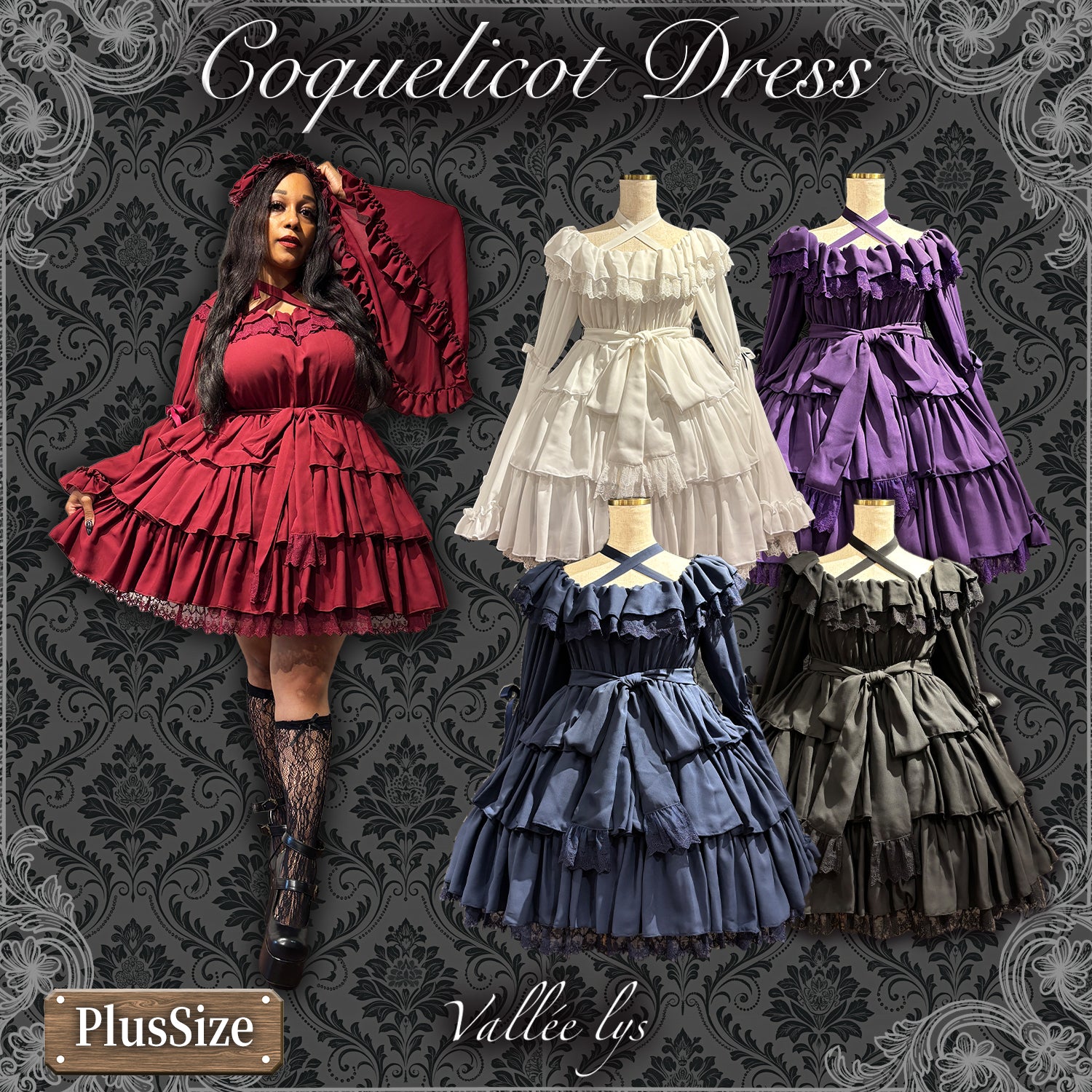 【Vallée lys】ヴァレリス　★ご予約受付中★　 CoquelicotDress　ホワイト/ボルドー/パープル/ネイビー/ブラック　プラスサイズ