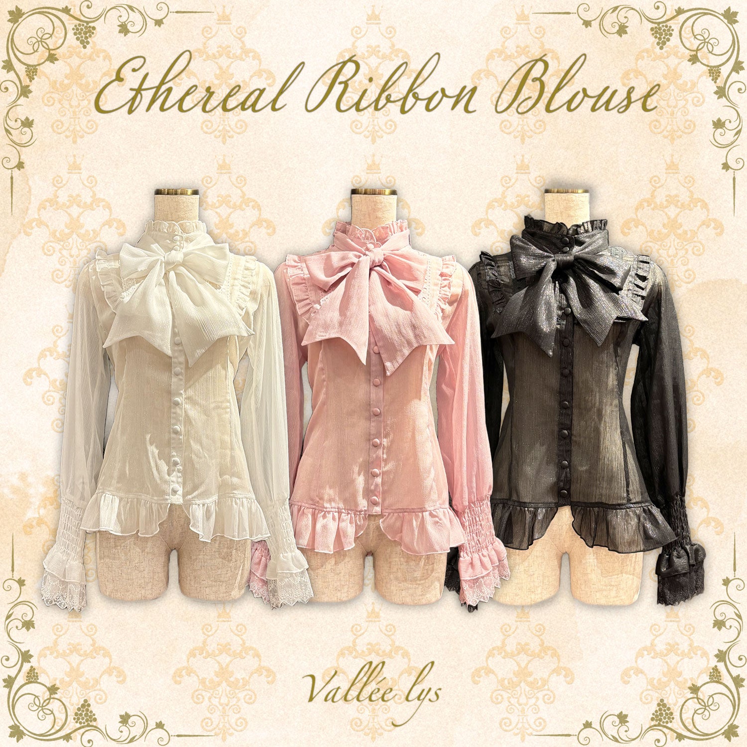 【Vallée lys】ヴァレリス　Ethereal Ribbon Blouse　ホワイト/ピンク/ブラック