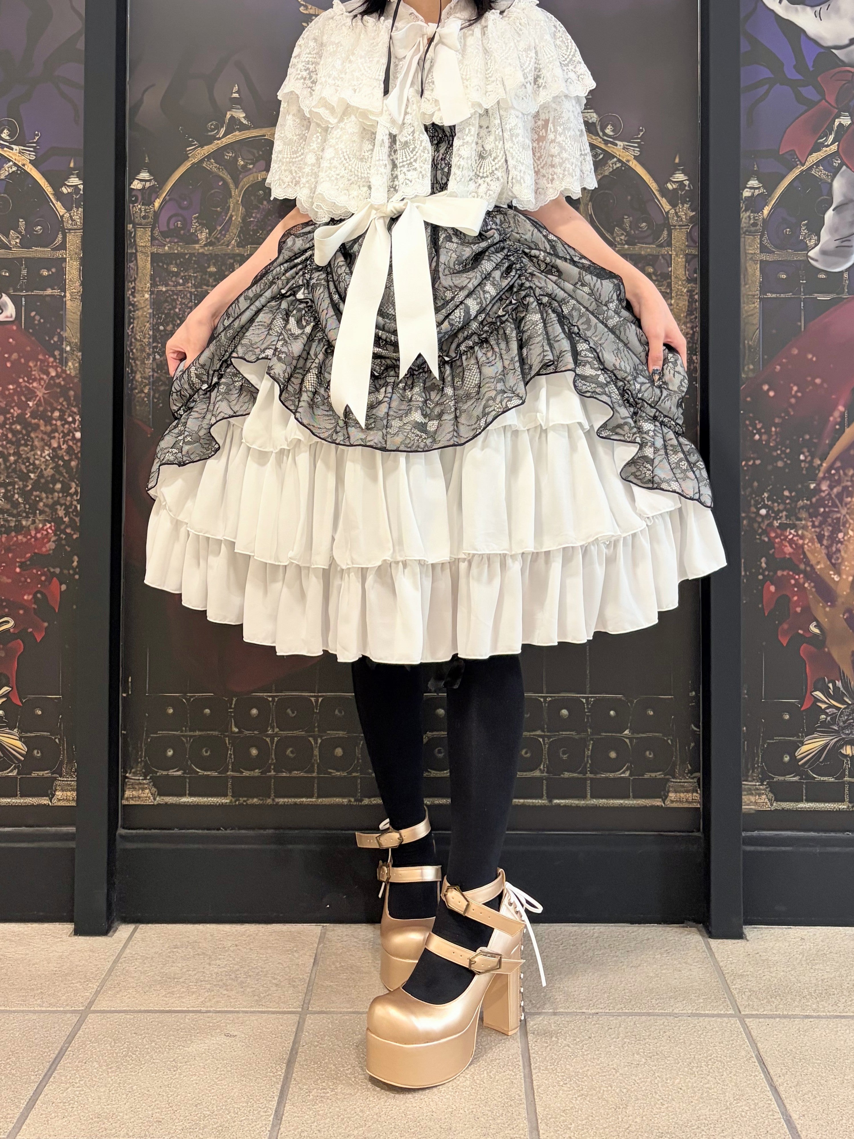 【ATELIER PIERROT]　Escarpins à plateforme à lacets avec boucle cercueilWhite/Bordeaux/or/BlackS/M/L/XL