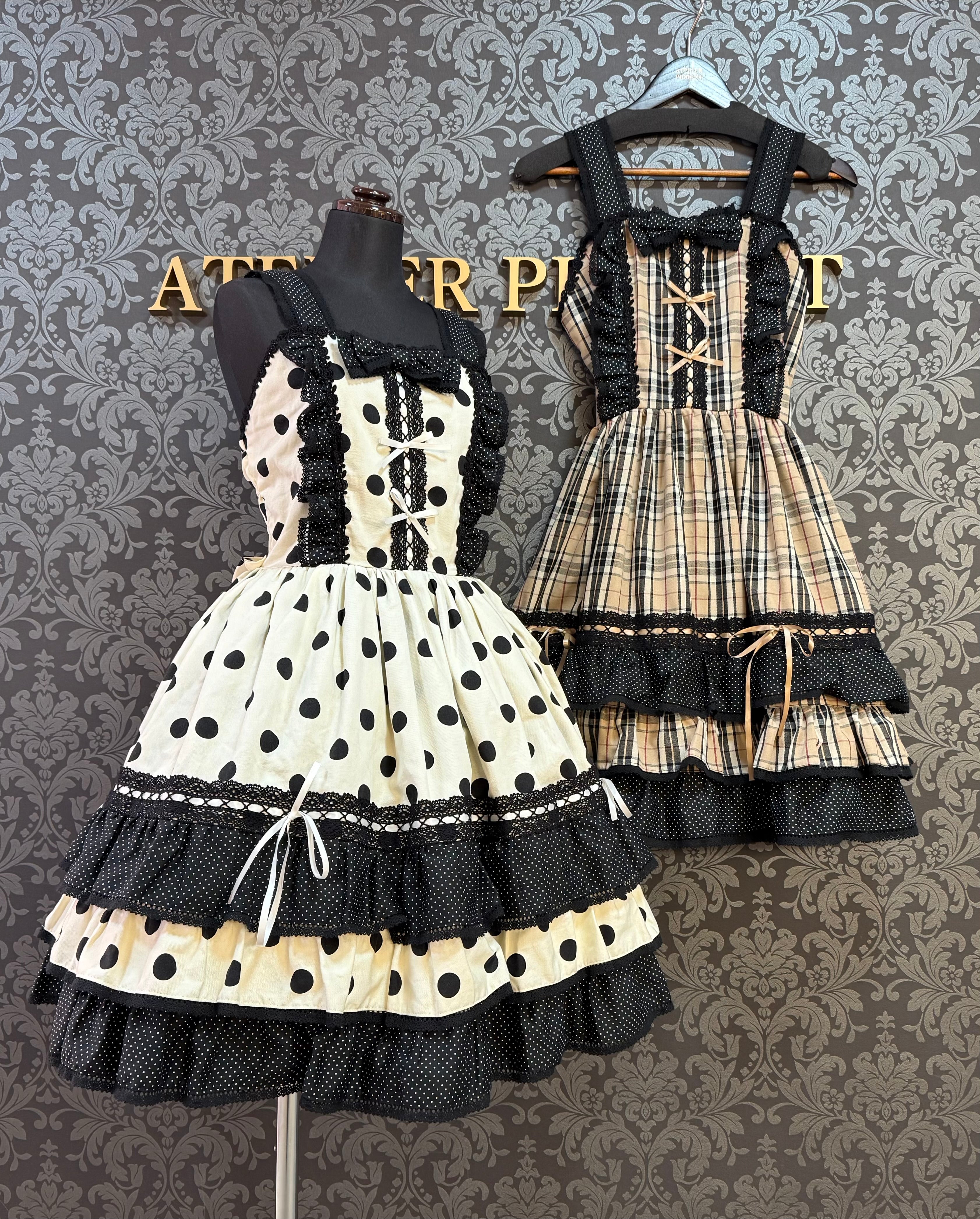 [Moonrise Theatre] Moonrise Theatre Dot Ruffle Jumper Skirt 아이보리 x 검은 점/브라운 체크 x 검은 점 ★10 월 31 일 금요일까지 주문 기간★