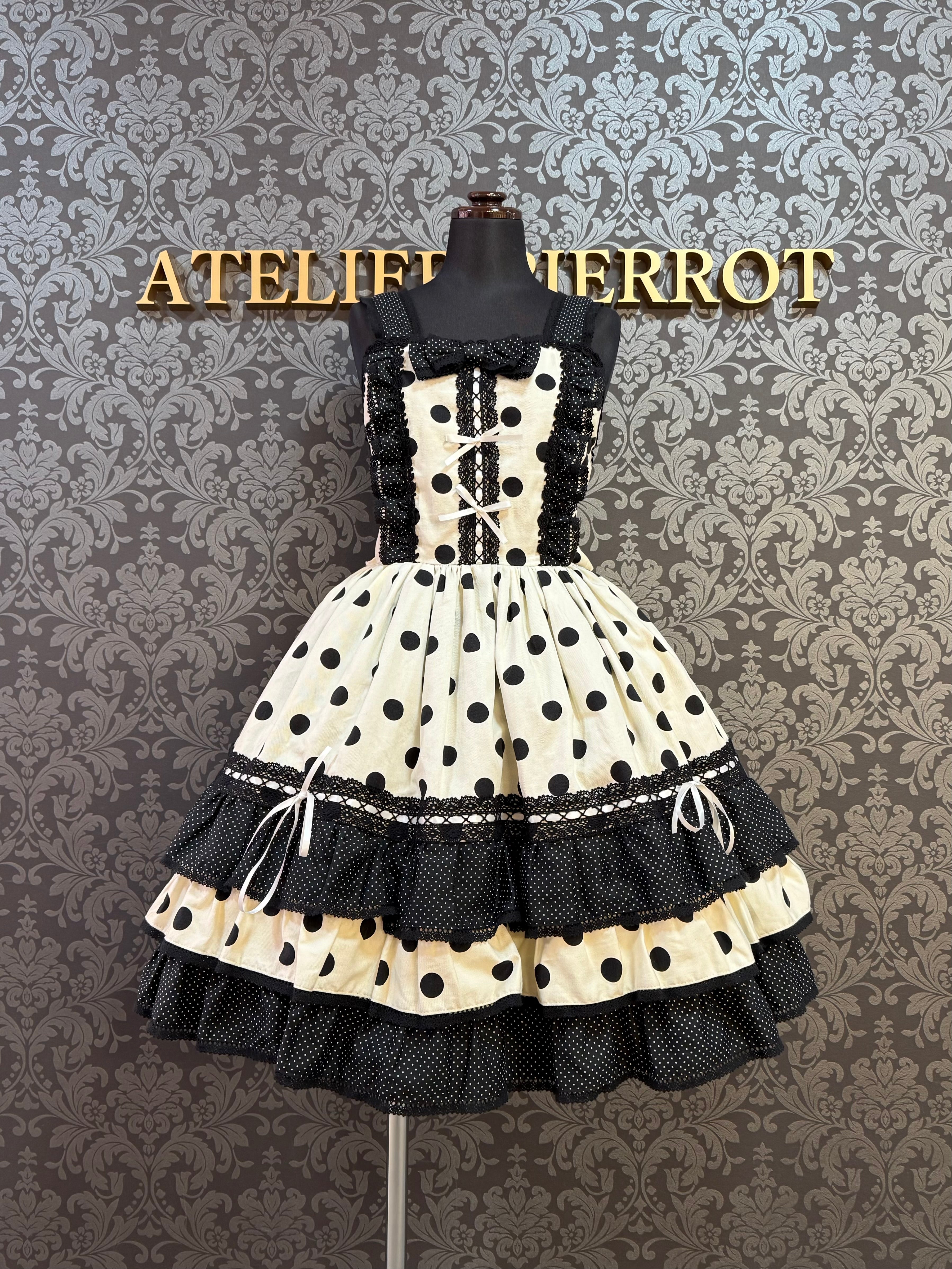 [Moonrise Theatre] Moonrise Theatre Dot Ruffle Jumper Skirt 아이보리 x 검은 점/브라운 체크 x 검은 점 ★10 월 31 일 금요일까지 주문 기간★