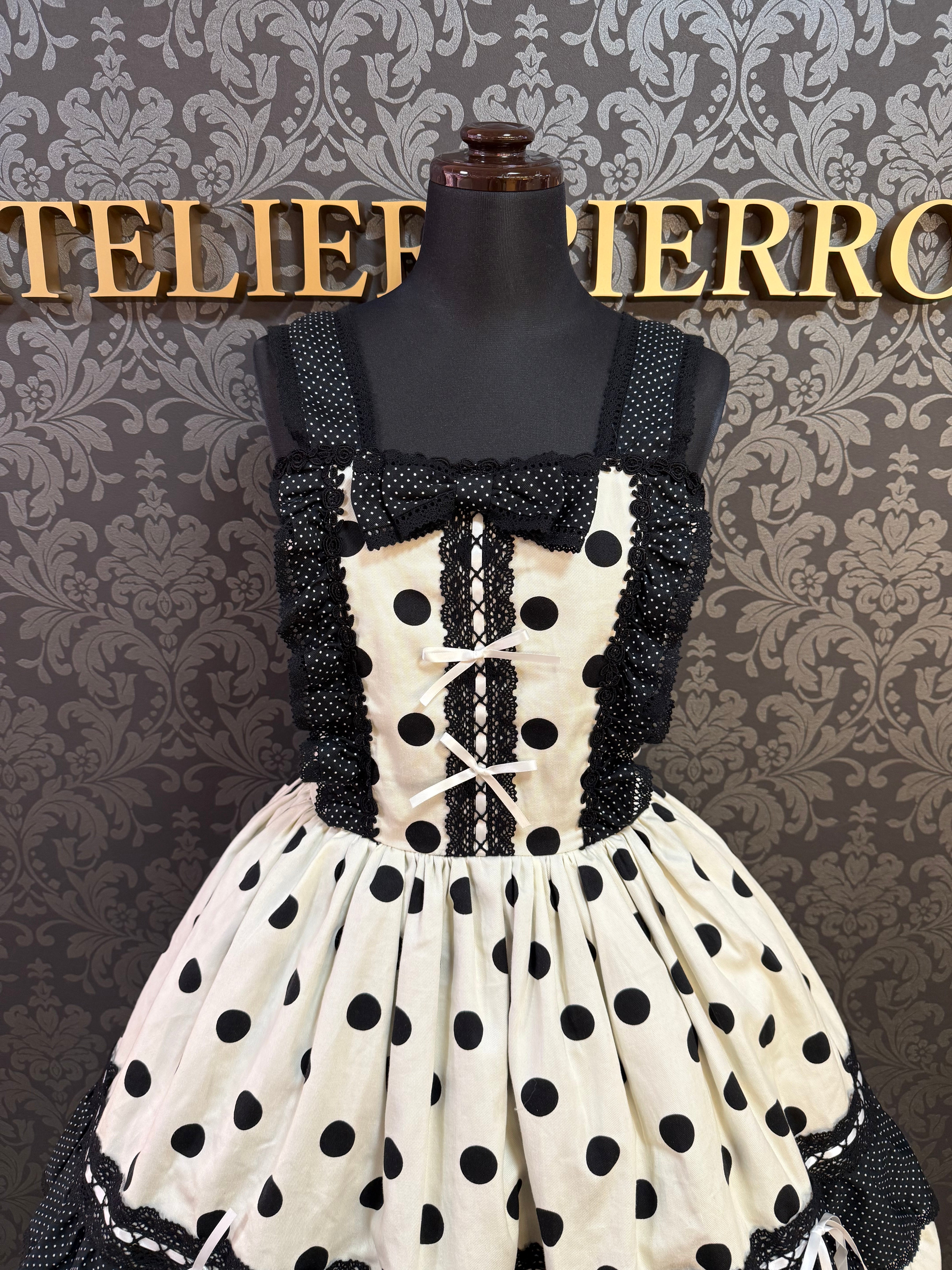 [Moonrise Theatre] Moonrise Theatre Dot Ruffle Jumper Skirt 아이보리 x 검은 점/브라운 체크 x 검은 점 ★10 월 31 일 금요일까지 주문 기간★
