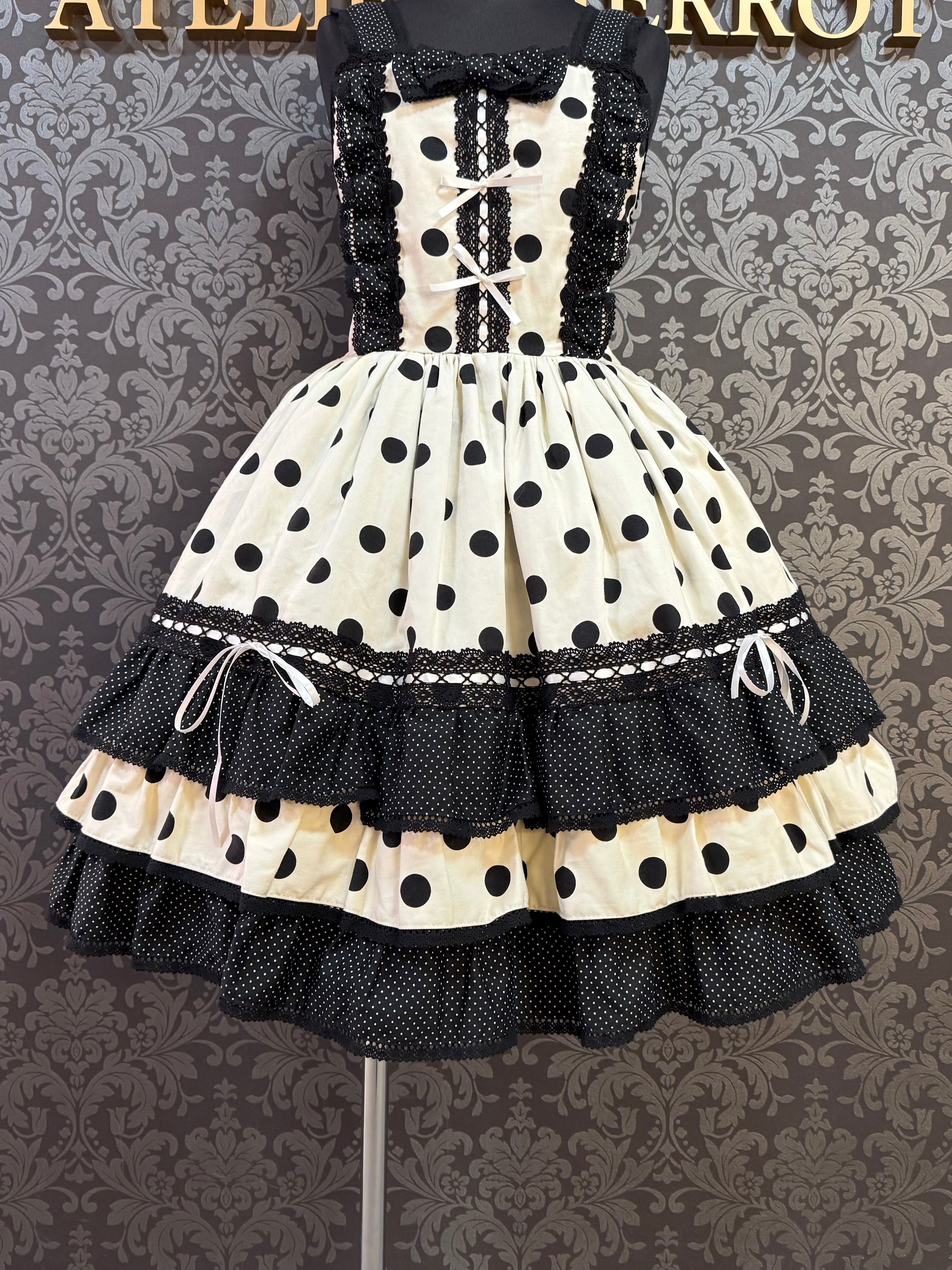 [Moonrise Theatre] Moonrise Theatre Dot Ruffle Jumper Skirt 아이보리 x 검은 점/브라운 체크 x 검은 점 ★10 월 31 일 금요일까지 주문 기간★