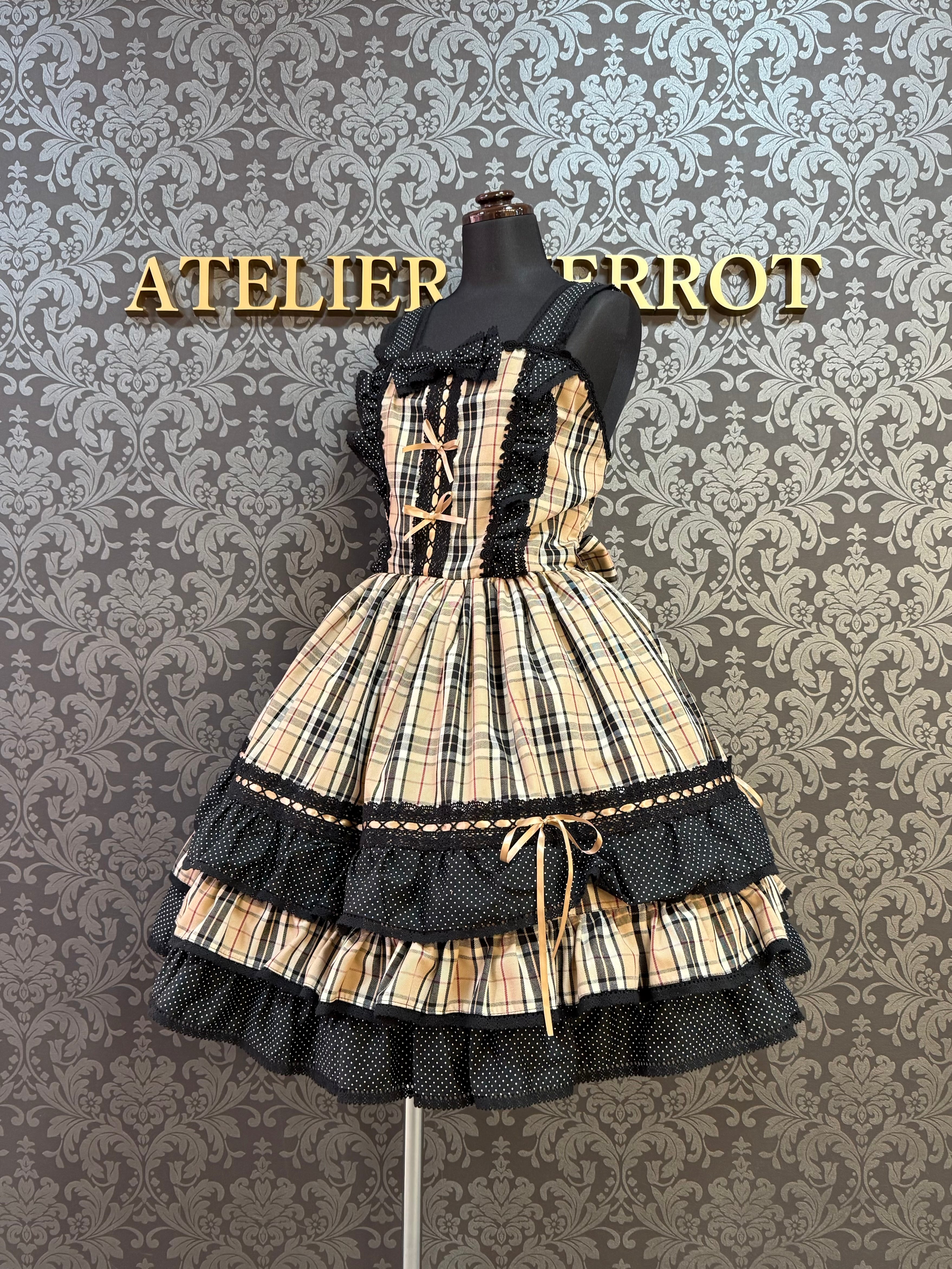 [Moonrise Theatre] Moonrise Theatre Dot Ruffle Jumper Skirt 아이보리 x 검은 점/브라운 체크 x 검은 점 ★10 월 31 일 금요일까지 주문 기간★