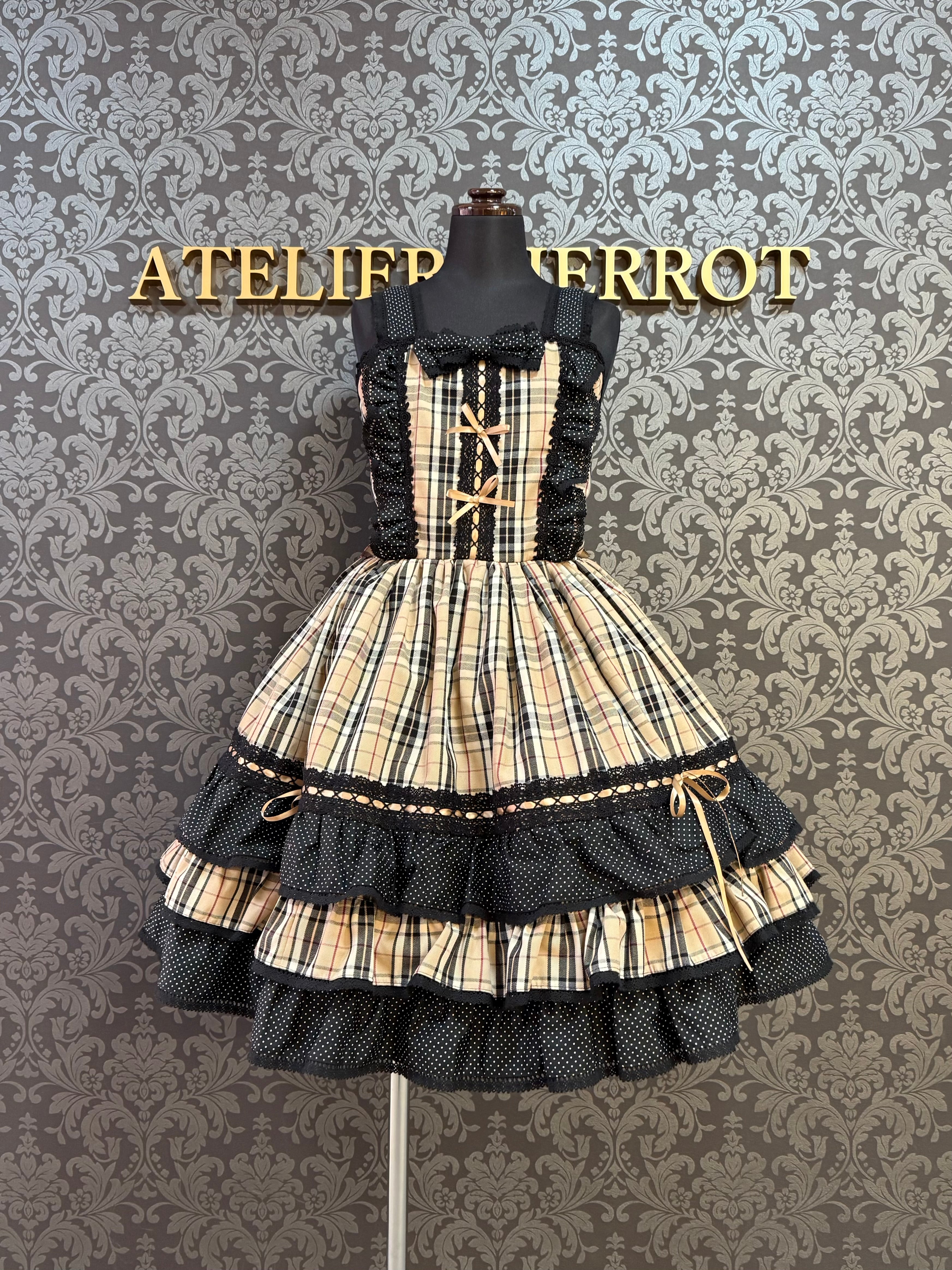 [Moonrise Theatre] Moonrise Theatre Dot Ruffle Jumper Skirt 아이보리 x 검은 점/브라운 체크 x 검은 점 ★10 월 31 일 금요일까지 주문 기간★