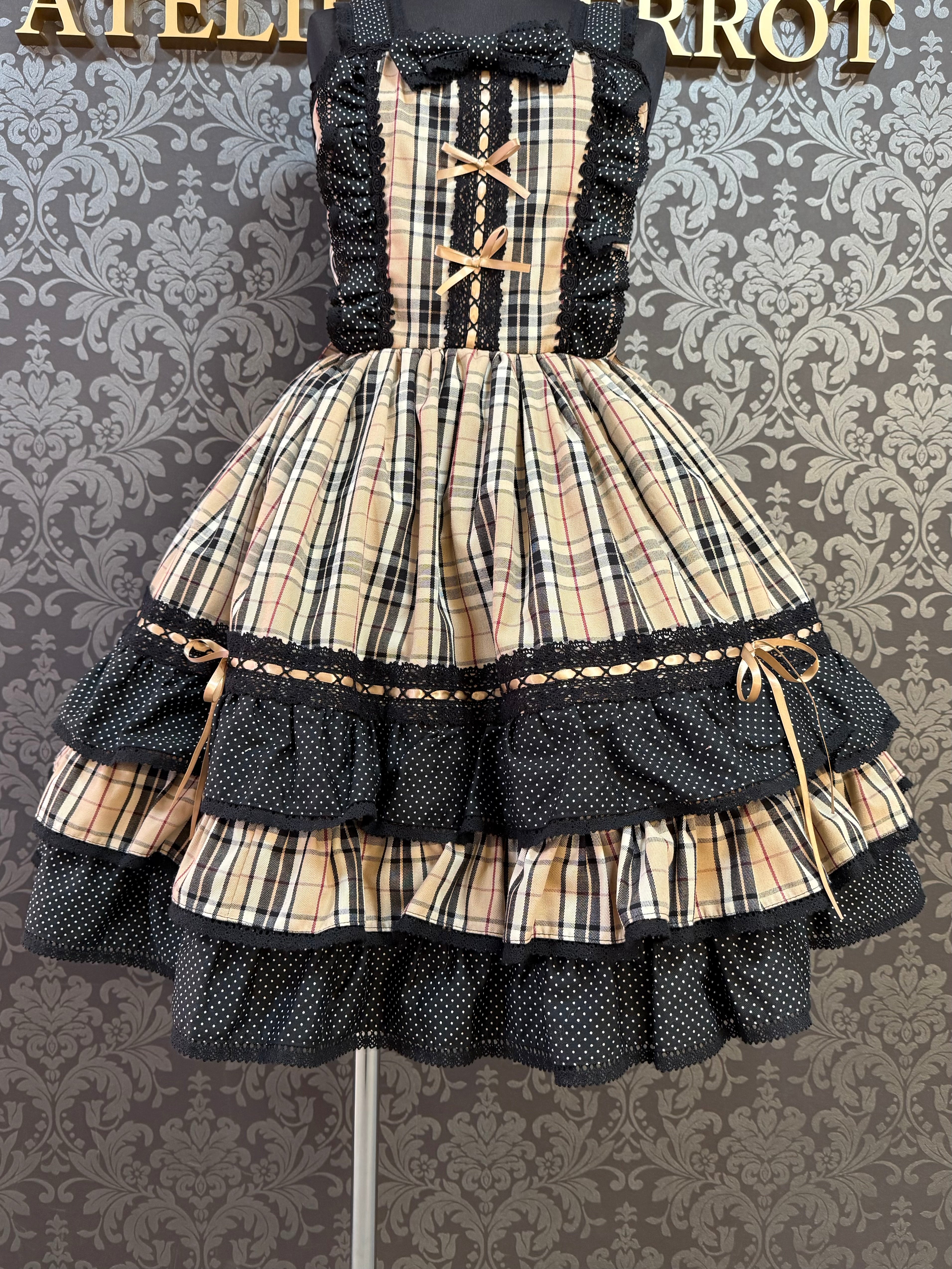 [Moonrise Theatre] Moonrise Theatre Dot Ruffle Jumper Skirt 아이보리 x 검은 점/브라운 체크 x 검은 점 ★10 월 31 일 금요일까지 주문 기간★