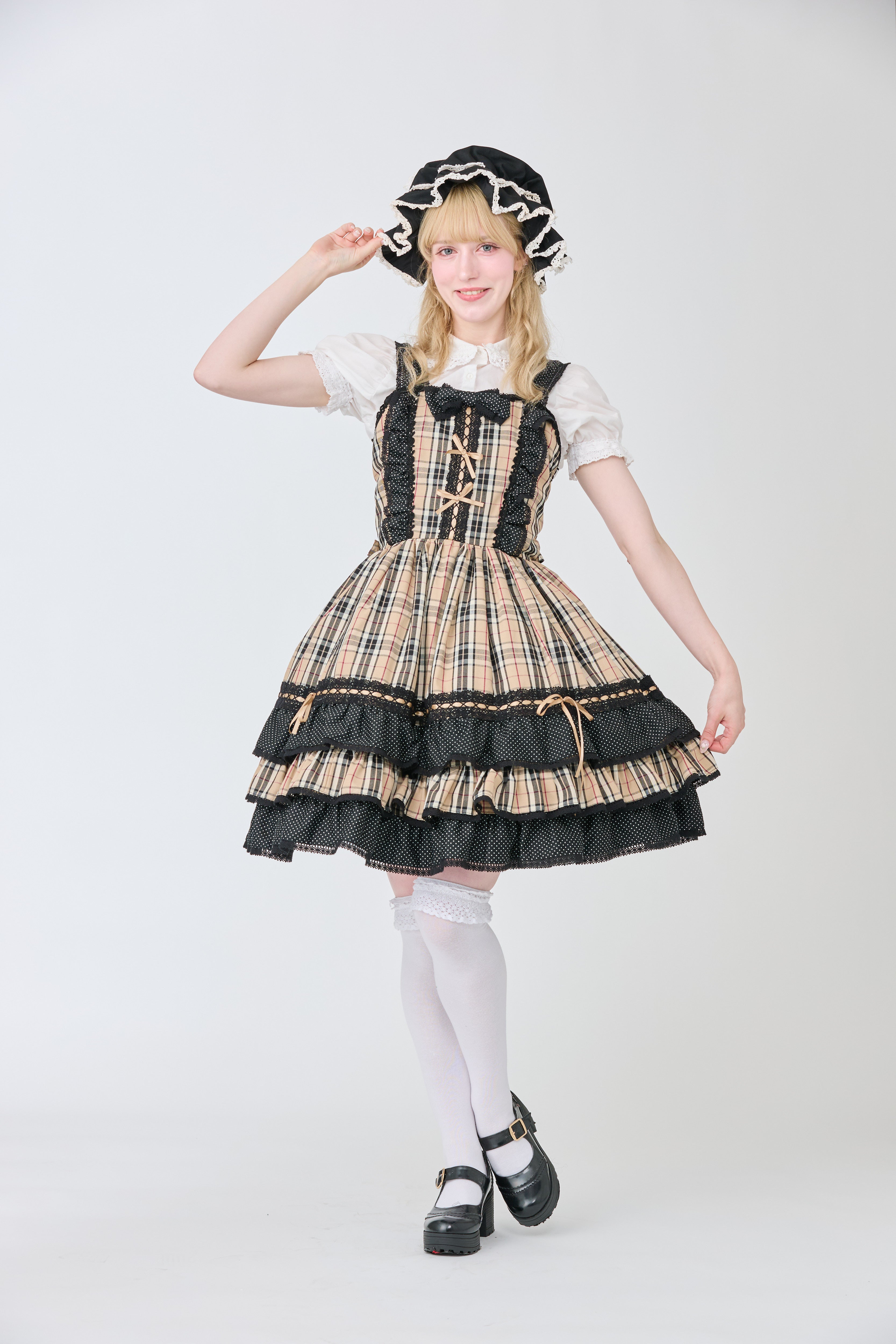 [Moonrise Theatre] Moonrise Theatre Dot Ruffle Jumper Skirt 아이보리 x 검은 점/브라운 체크 x 검은 점 ★10 월 31 일 금요일까지 주문 기간★