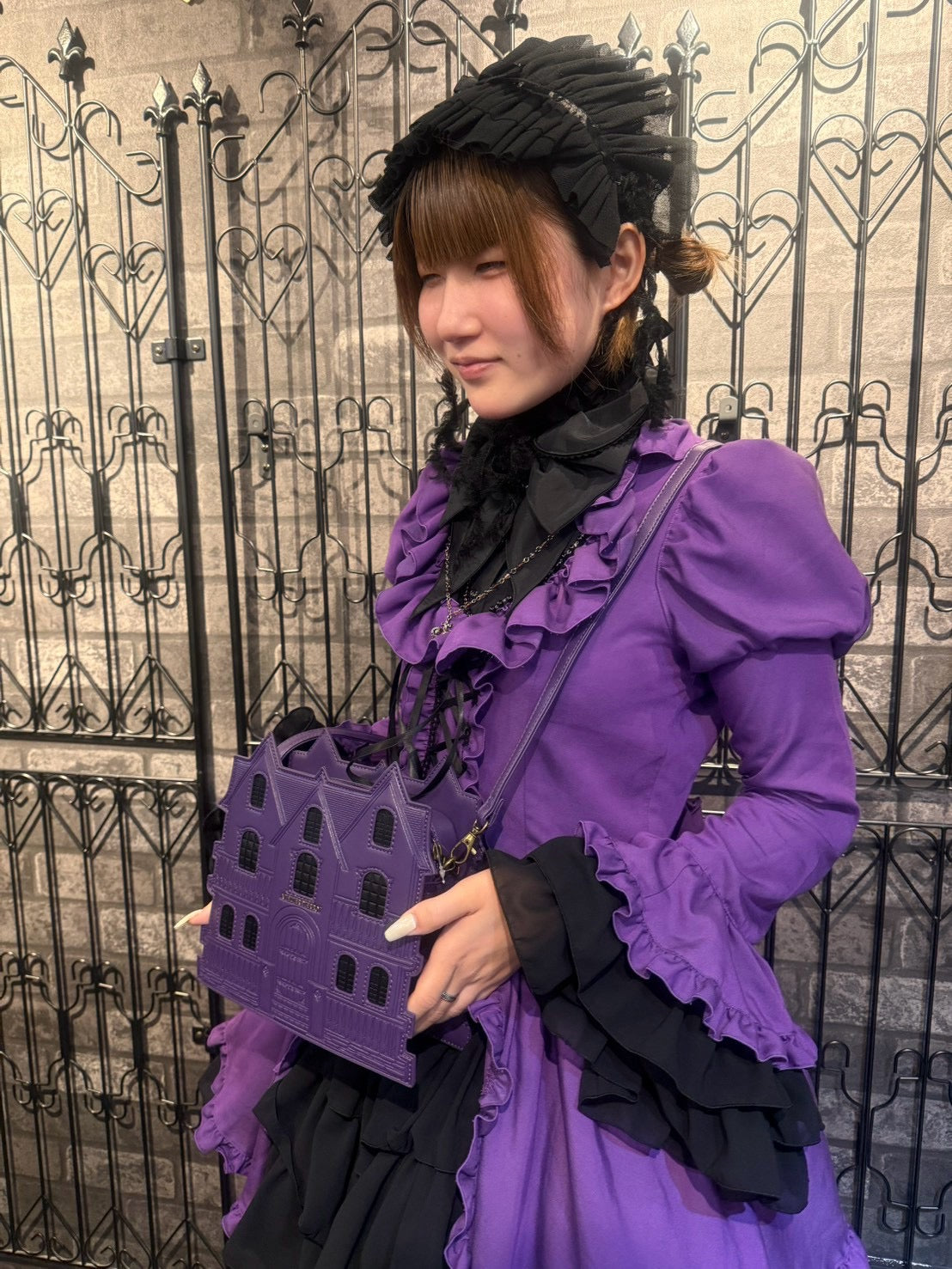 [MARBLE] Marble Alice-style lace-up dress dress: Purple x black x black pearl★Not eligible for sale★