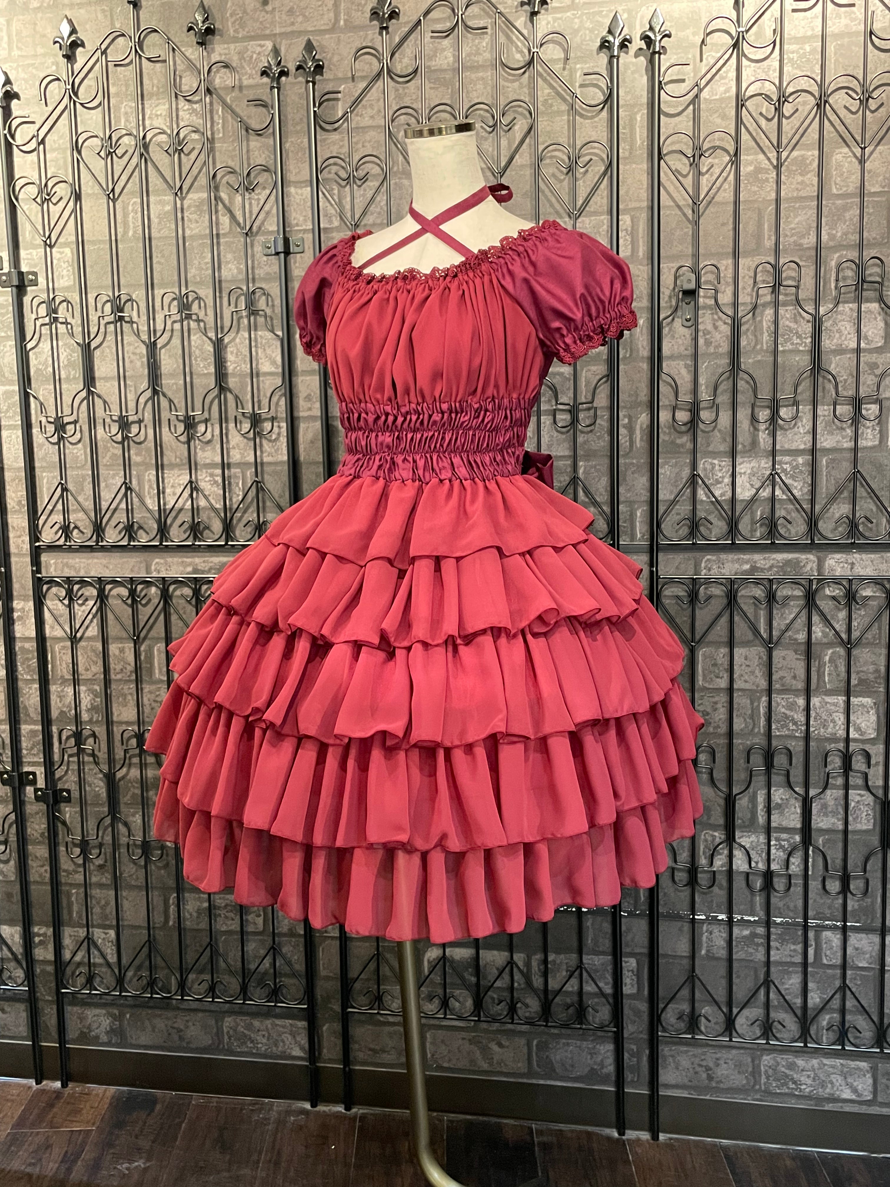 [Pina Sweet Collection] Chiffon-Rüschenkleid (normale Länge/Black/Wein/White)