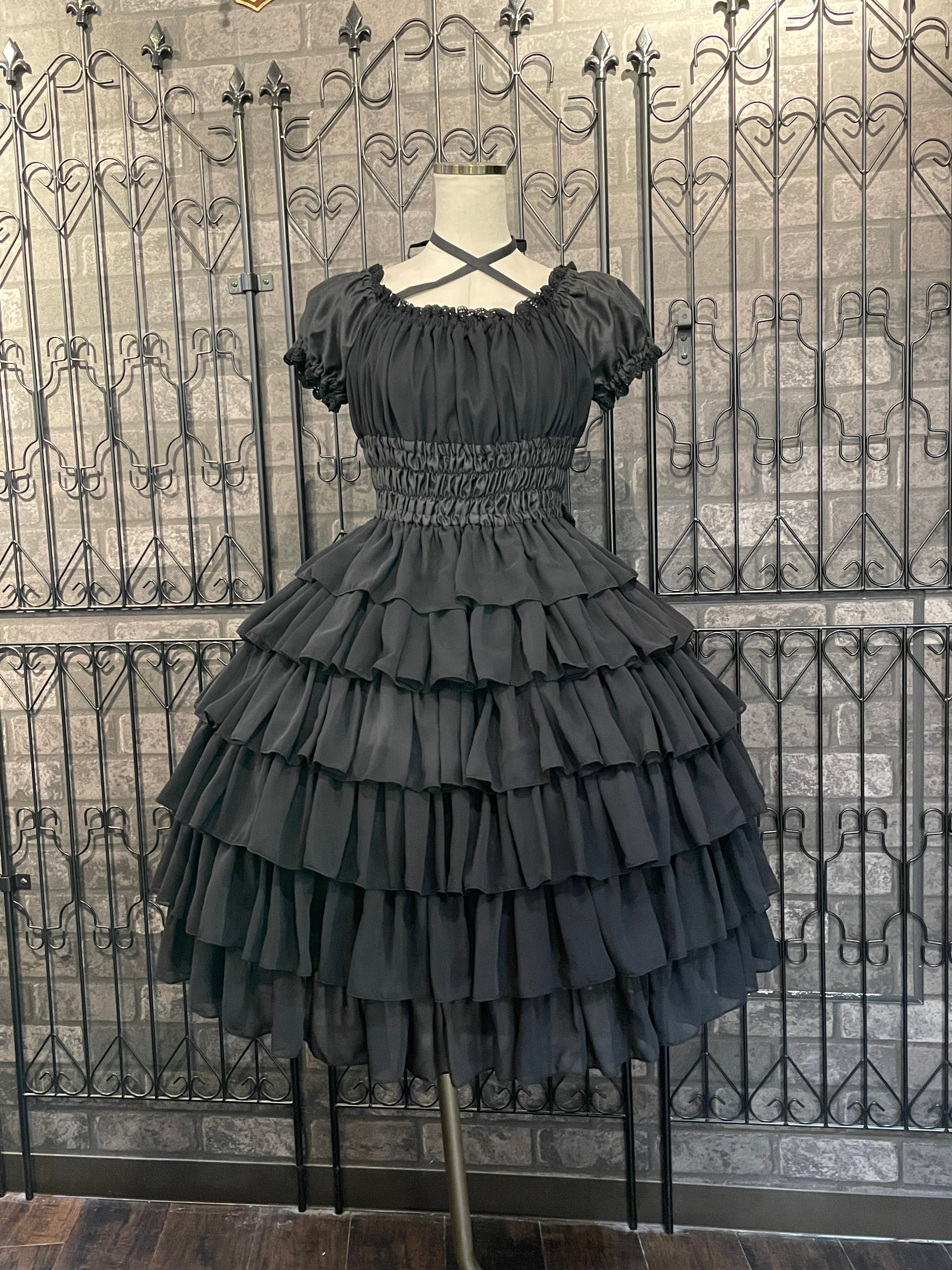 [Colección Pina sweet] Vestido de gasa con volantes (hasta la pantorrilla/Black/Vino/White)