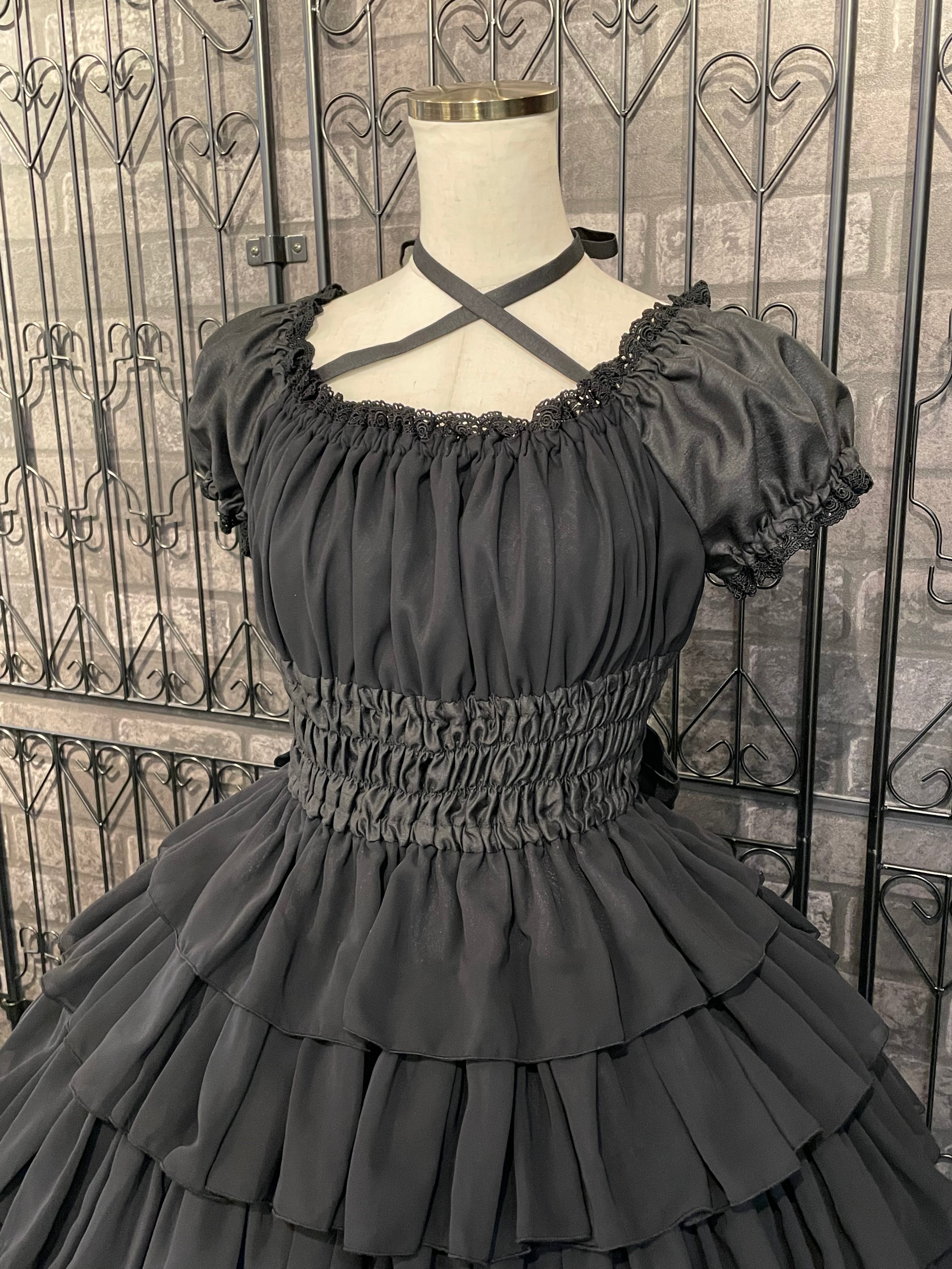 [Colección Pina sweet] Vestido de gasa con volantes (hasta la pantorrilla/Black/Vino/White)