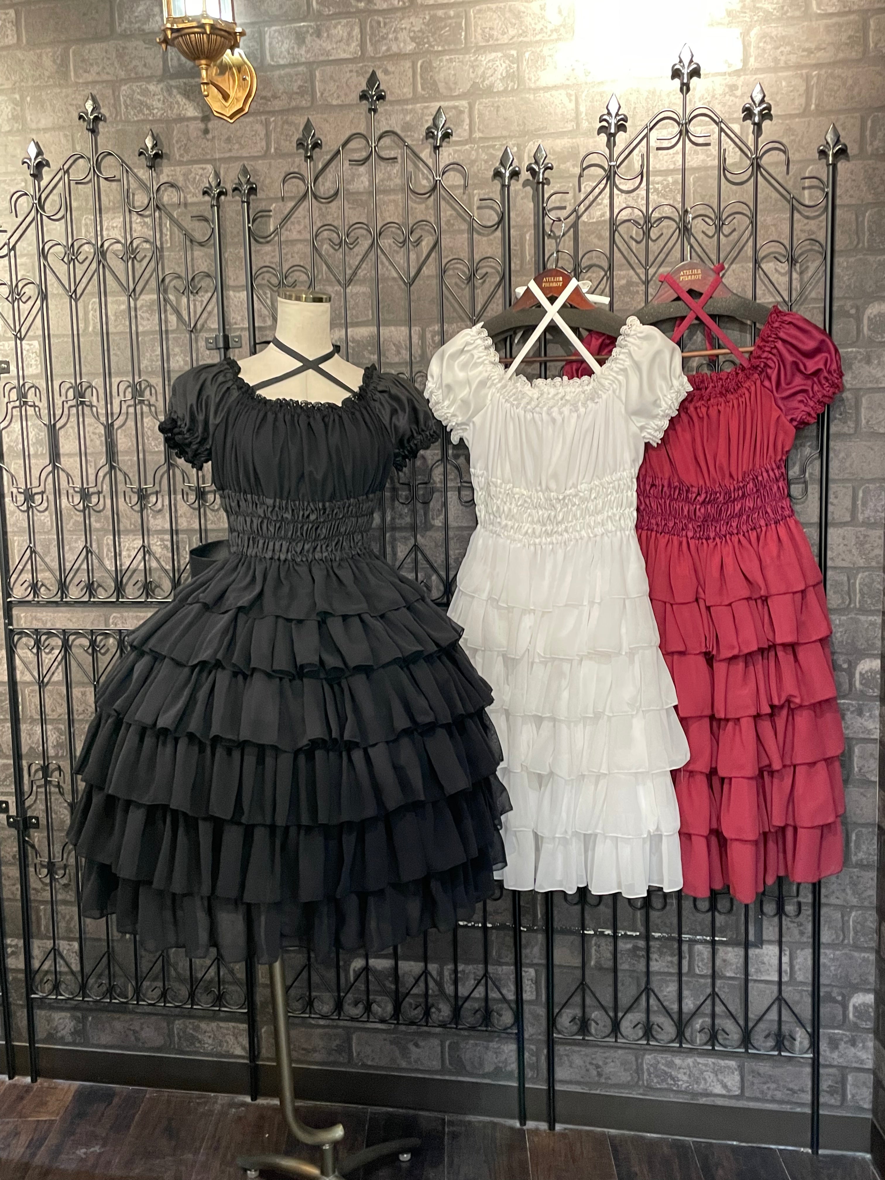 [Colección Pina sweet] Vestido de gasa con volantes (hasta la pantorrilla/Black/Vino/White)